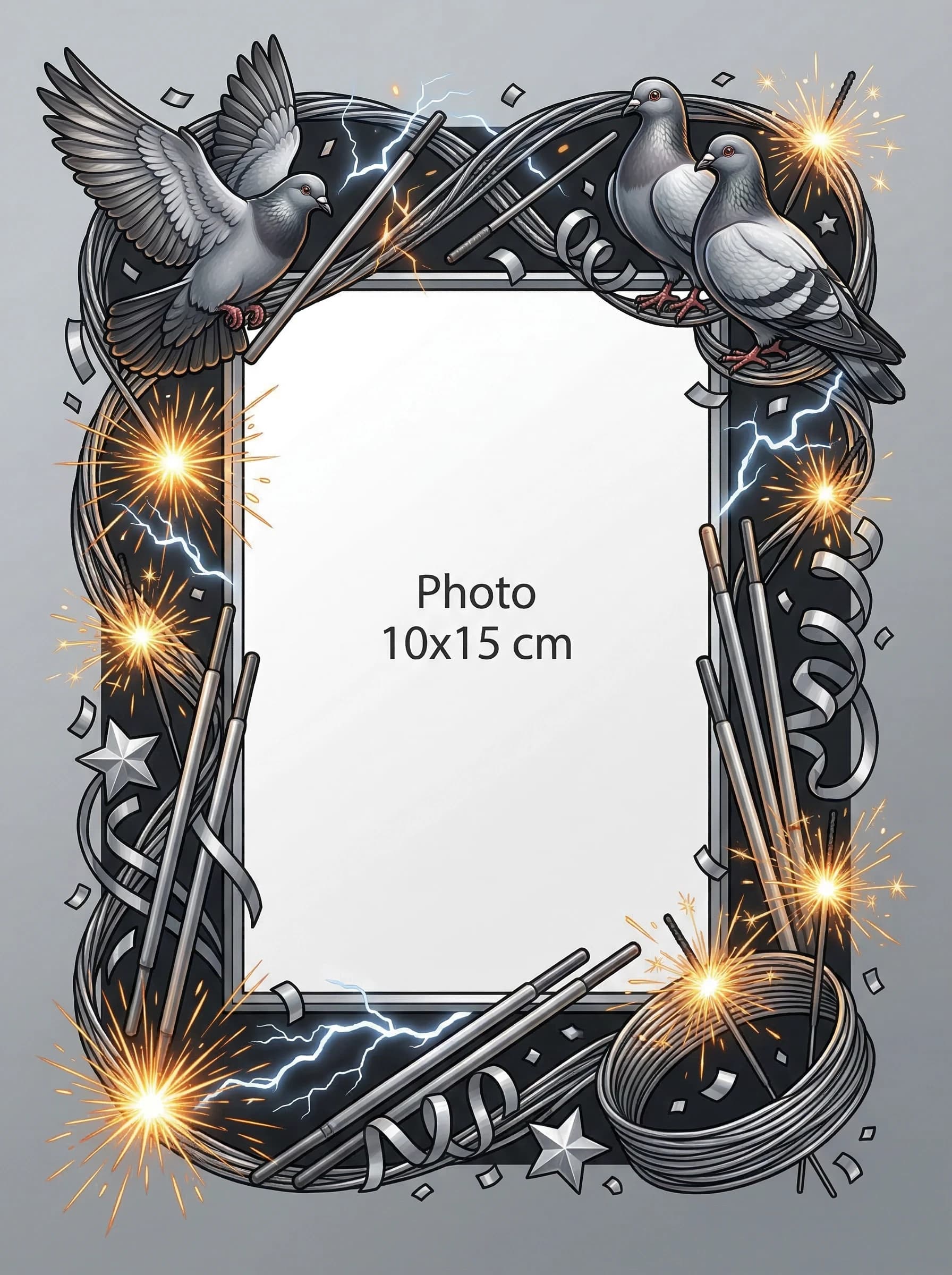 Create an A4 illustration with a decorative greeting frame that can accommodate a 10×15 cm photo in the center.
Layout:
* In the upper left corner: A Saxon Thurman pigeon with its wings spread out.
* In the upper right corner: A pair of Volga ribbon stately pigeons in a half-turn, with two pigeons.
* Frame: intricately woven thematic elements: bright sparks, flying arcs, several welding electrodes of different lengths, twisted welding wire, and festive paraphernalia - serpentine, silver stars and confetti, sparking sparklers.
Style: laconic modern design with a touch of holiday. As a basis, use metallic shades of gray, black and silver, complementing them with bright orange and yellow sparks. High detail, sharp focus, and isometric view.