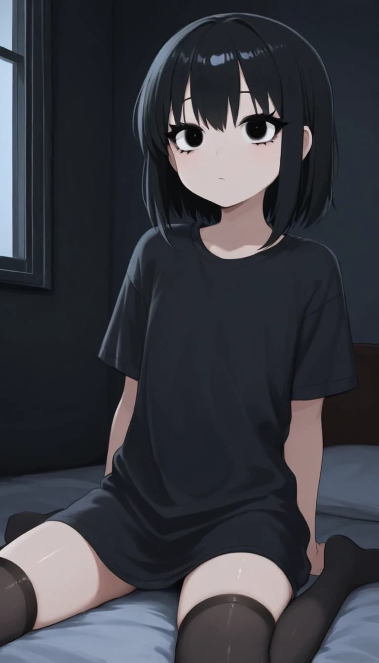 темная комната с окном. милая anime moe девушка. черные волосы средней длины. черные глаза. черные ресницы. черная длинная футболка черные чулки носки. низкорослая с плоской фигурой.