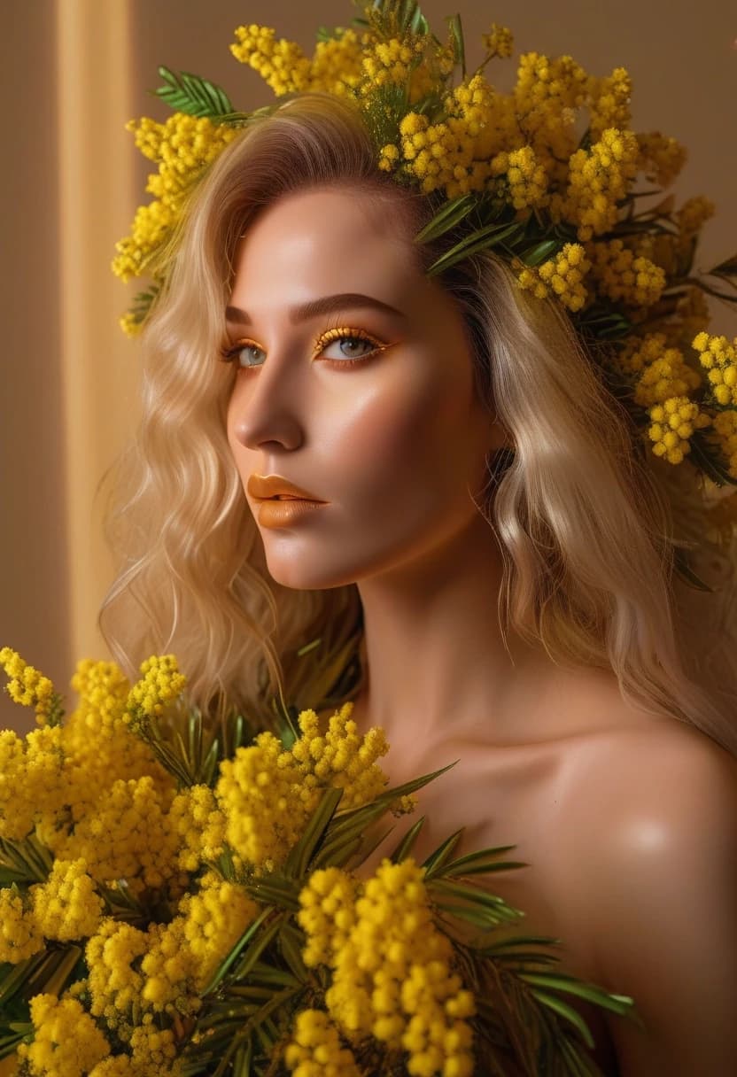 A realistic yellow flexible LED neon tube is physically placed on top of the mimosa flowers. Glowing electric neon line, real glass neon pipe glowing with bright yellow light attached to the flower bouquet, high contrast graphic lines, tangible commercial neon sign object