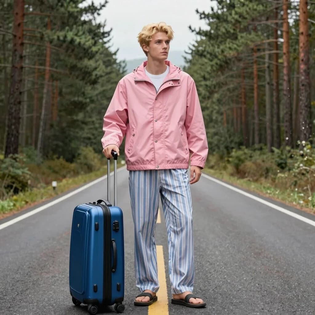 A mystical illustration of a handsome young man in his 20s with blond hair and eyes standing on a highway in the middle of a pine forest. He's wearing striped pajama pants and a pink windbreaker, looking around, and next to him is a large blue rolling suitcase with a handle. High-quality image, attention to detail.
