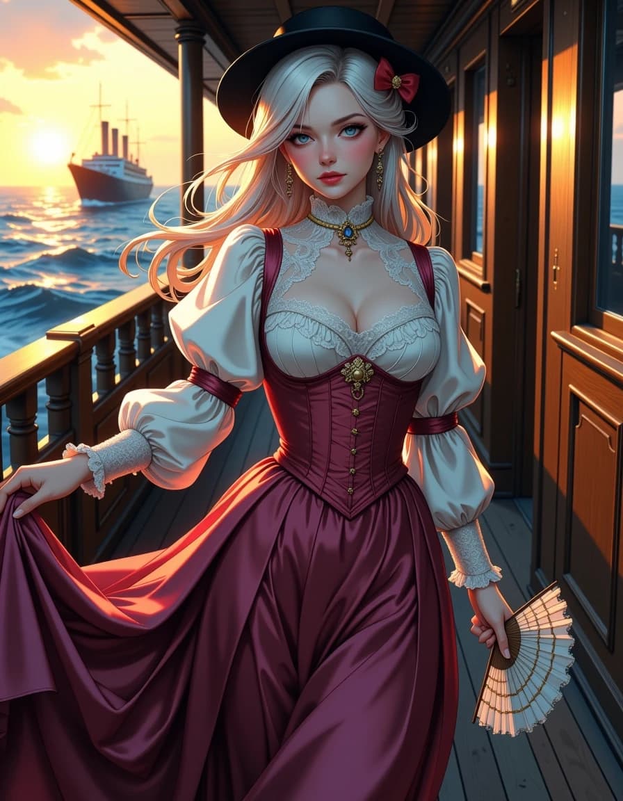 A masterpiece, in the style of the 1980s, with bold lines, dynamic strokes and rich textures, on background with a touch of nostalgia, perhaps with subtle drawings inspired by cellulose and vintage, worn textures similar to paper, oil painting, A photorealistic, cinematic portrait of an elegant Edwardian woman on the wooden deck of a vintage steam yacht at golden hour: full-body, three-quarter frontal view as she walks toward the camera with her deep plum pleated skirt trailing in the breeze, wearing a cream satin high-neck corseted bodice with intricate lace yoke and ruffled cuffs, a small black hat with brooch, delicate drop earrings, and holding a folded lace fan. Warm rim light from the sunset illuminates her face and silk textures, soft fill light preserves detail, subtle film grain and rich color grading emphasize cream, plum, warm oak and sea-blue tones. Detailed materials and textures: satin sheen, lace embroidery, polished brass railings, carved wood paneling, weathered deck planks. Composition: vertical frame, shallow depth of field (85mm, wide aperture feel), sharp subject, gently blurred ocean horizon with a distant steamship, natural, confident expression, high-resolution, ultra-detailed, realistic skin, fabric micro-detail, moody yet elegant atmosphere.аниме белая блондинка c длинными волосами, c зади на волосах крастный бант, сама она одета в красно белое платье, голубые глаза и милый румянец, белые рукова на руках.
