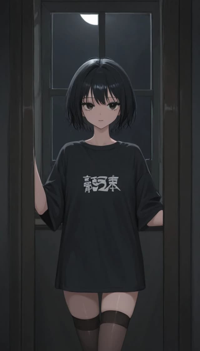 темная комната с окном. милая anime moe черные волосы и глаза большие глупые девушка с ресницами черной длинной футболке и чулках