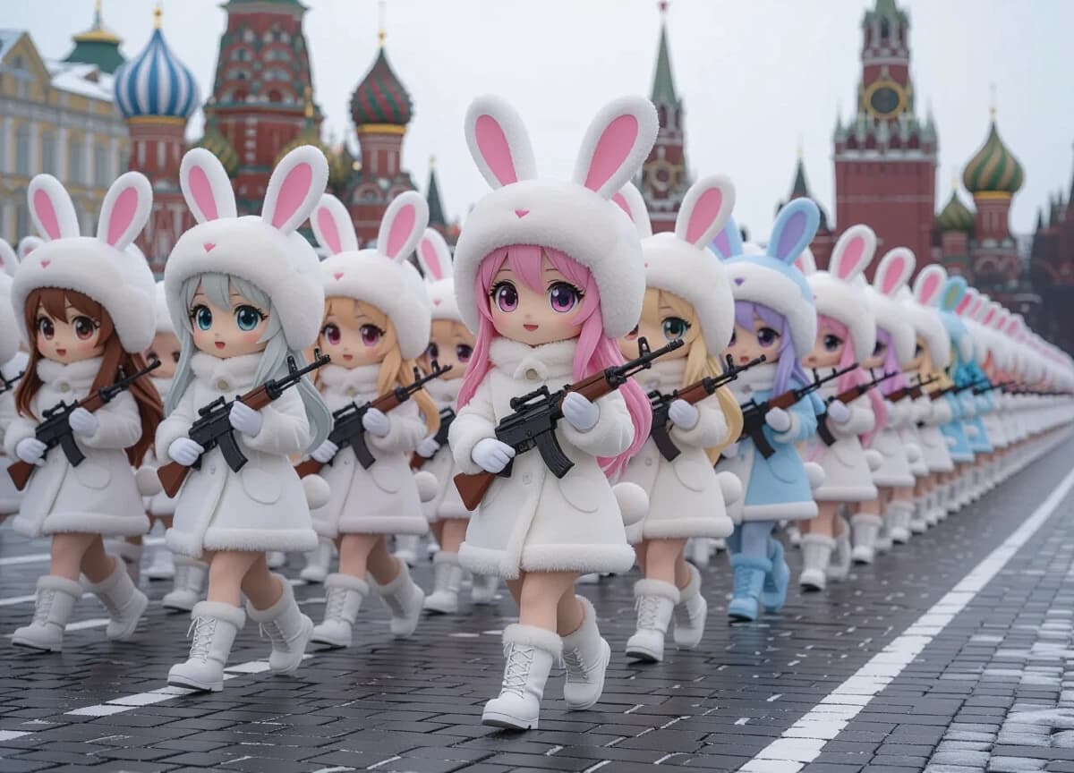 Cute kawaii chibi-style anthropomorphic bunny girls marching in dense multiple parallel rows on snowy Red Square in Moscow.
Many ranks of adorable chibi rabbit girls with big sparkling eyes, fluffy bunny ears and small tails, each wearing a fluffy white winter fur coat, white bunny-ear ushanka hat and white boots.
They have diverse hair colors: light brown, blonde, soft pink, light blue, lavender, silver, peach, mint, etc.
Each girl holds a stylized cute pastel-colored AK-style rifle (pink, lavender, light blue).
They are marching forward in neat military parade formation, several deep rows stretching into the distance.
Winter landscape: thick white snow covering the ground, soft falling snowflakes in the air, snow on the roofs and walls.
Background: Spasskaya Tower with clock on the left, colorful onion domes of Saint Basil’s Cathedral on the right, pale winter sky with light clouds.
Highly detailed chibi anime style, soft pastel colors, wholesome and adorable atmosphere, clean composition, high quality