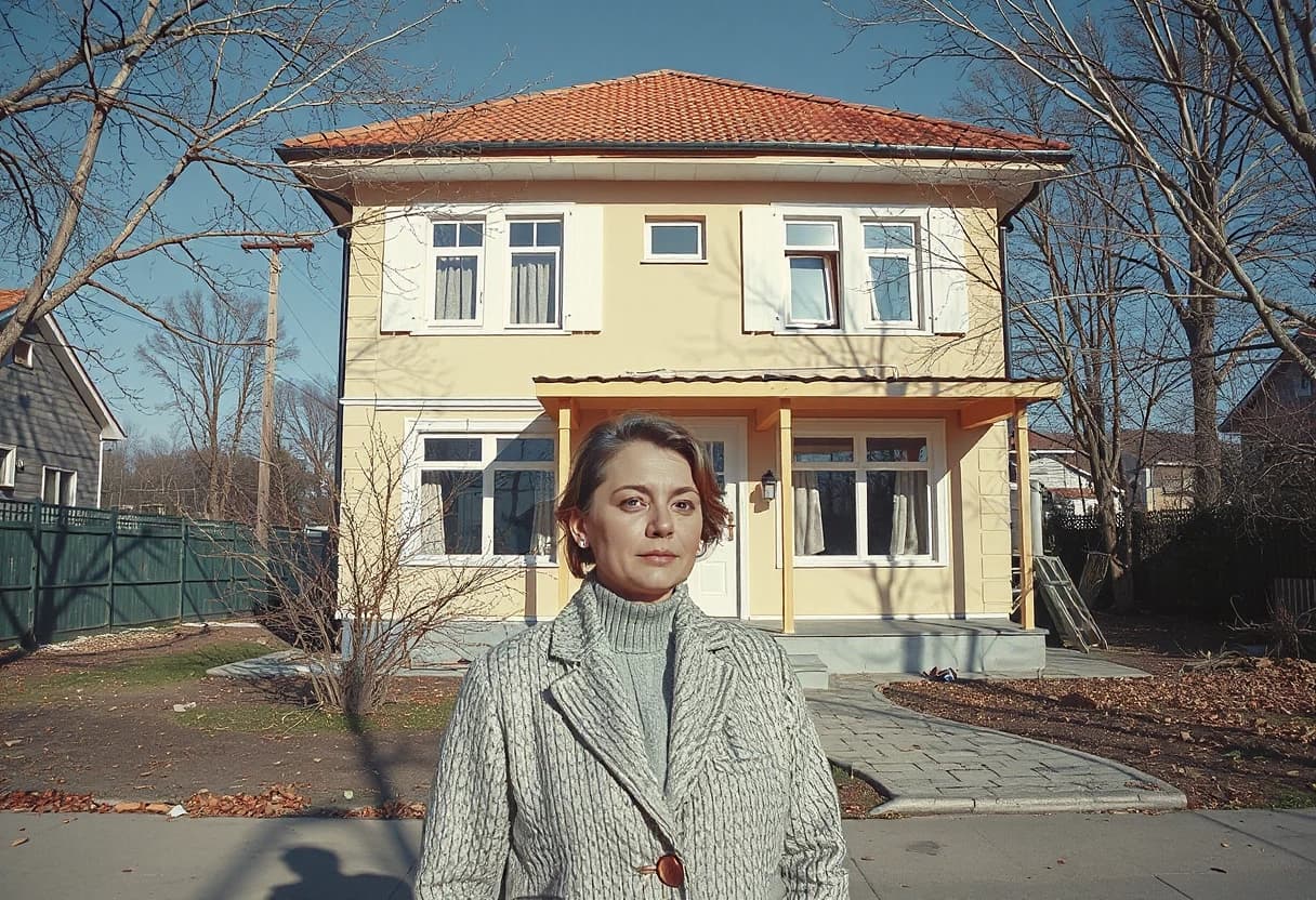Реалистичное фото. В центре женщина с короткими светлыми волосами в темно-зеленом пуховике, смотрит в камеру. За ней находится недостроенный двухэтажный загородный дом со светлой обшивкой, темной крышей и двумя окнами на втором этаже. На первом этаже деревянное крыльцо без перил. Вокруг дома газон. Фотореализм, высокое качество, детализированный экстерьер, широкоугольный объектив, глубина резкости, realistic lighting, ultra realistic.