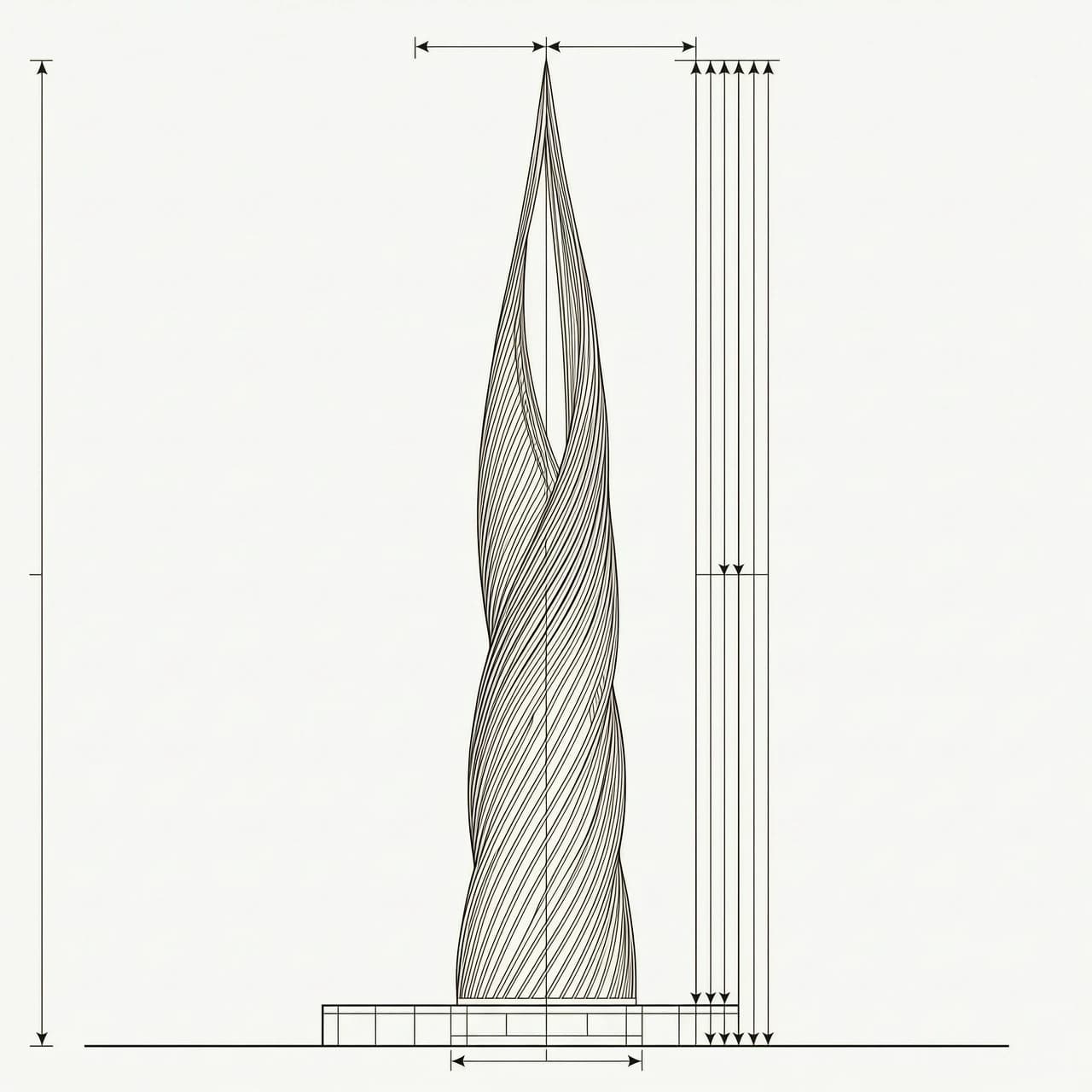 Clean architectural front elevation of a tall twisting metal flame monument, isolated on pure white background. Thin black precise lines, blueprint style, monochrome, dimension lines with small arrows but no numbers, no text, no labels. High detail, vector look. --ar 3:4 --v 6.0 --no text