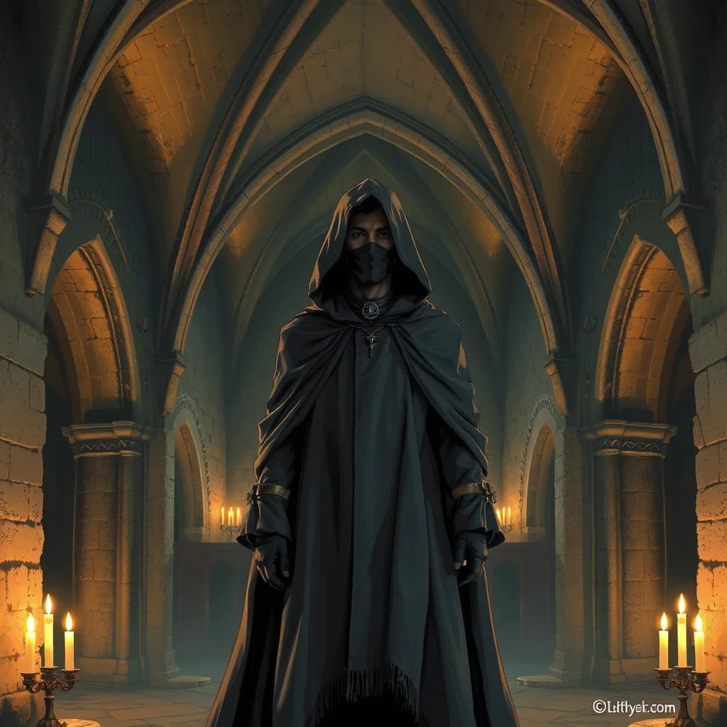Under the vaults of an ancient medieval church, in the semi-darkness, by the lit candles, stands a mysterious man in a long, ankle-length cloak, a hood thrown over his head, his face covered by a half-mask, only his eyes visible. Illustration, Fantasy, Mysticism