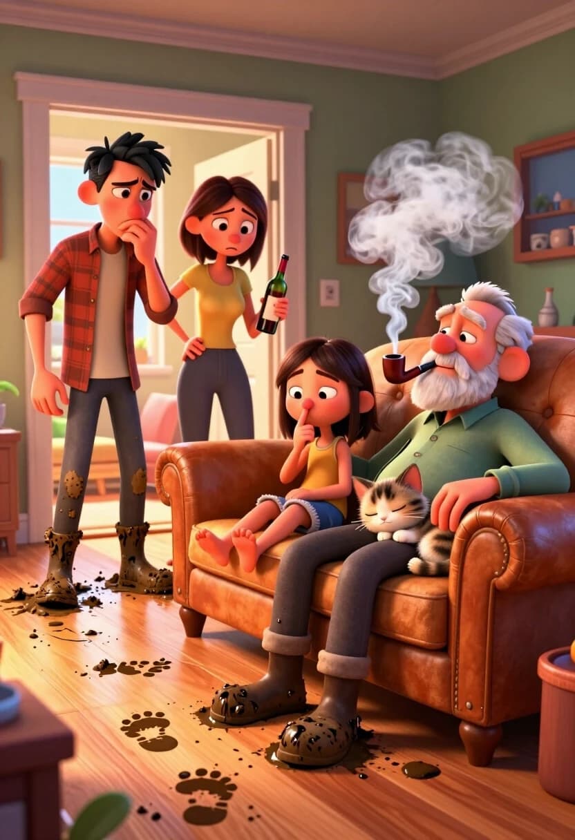 The Ultimate Family Chaos Prompt (Style: High-End 3D Animation / Pixar-DreamWorks)*A breathtaking 8k 3D stylized cinematic wide shot of a cozy living room filled with a chaotic family scene. In the background, at the open doorway, a father stands with a confounded and guilty expression, his heavy boots caked in dark, wet mud, leaving thick, dirty footprints across the pristine light wooden floor. Next to him, the mother stands with an anxious, stressed look, intensely biting her nails, holding a half-empty bottle of wine in her other hand. In the center of the room, on a plush fabric sofa, a young daughter is sitting with her feet up on the cushions; she has a completely vacant, daydreaming expression, with one finger shoved deep into her nostril, making her nose look comically distorted and snub-nosed. Curled up right next to her on the sofa, a tiny, fluffy kitten is deeply asleep, oblivious to the madness. To the side, in a large leather armchair, a grandfather is calmly sitting and smoking a classic tobacco pipe, with a thick, volumetric cloud of white smoke swirling around his head. Lighting: a mix of warm, golden home light and soft daylight from a window, creating a vibrant, high-contrast atmosphere. Shot with a wide-angle lens to capture all characters in one frame, emphasizing the humorous social disaster. Extreme detail on the mud textures, the distorted nose, the wine bottle, the leather of the chair, and the volumetric fluff of the sleeping kitten. High energy, slapstick family humor, cinematic 3D character design, vivid colors.
