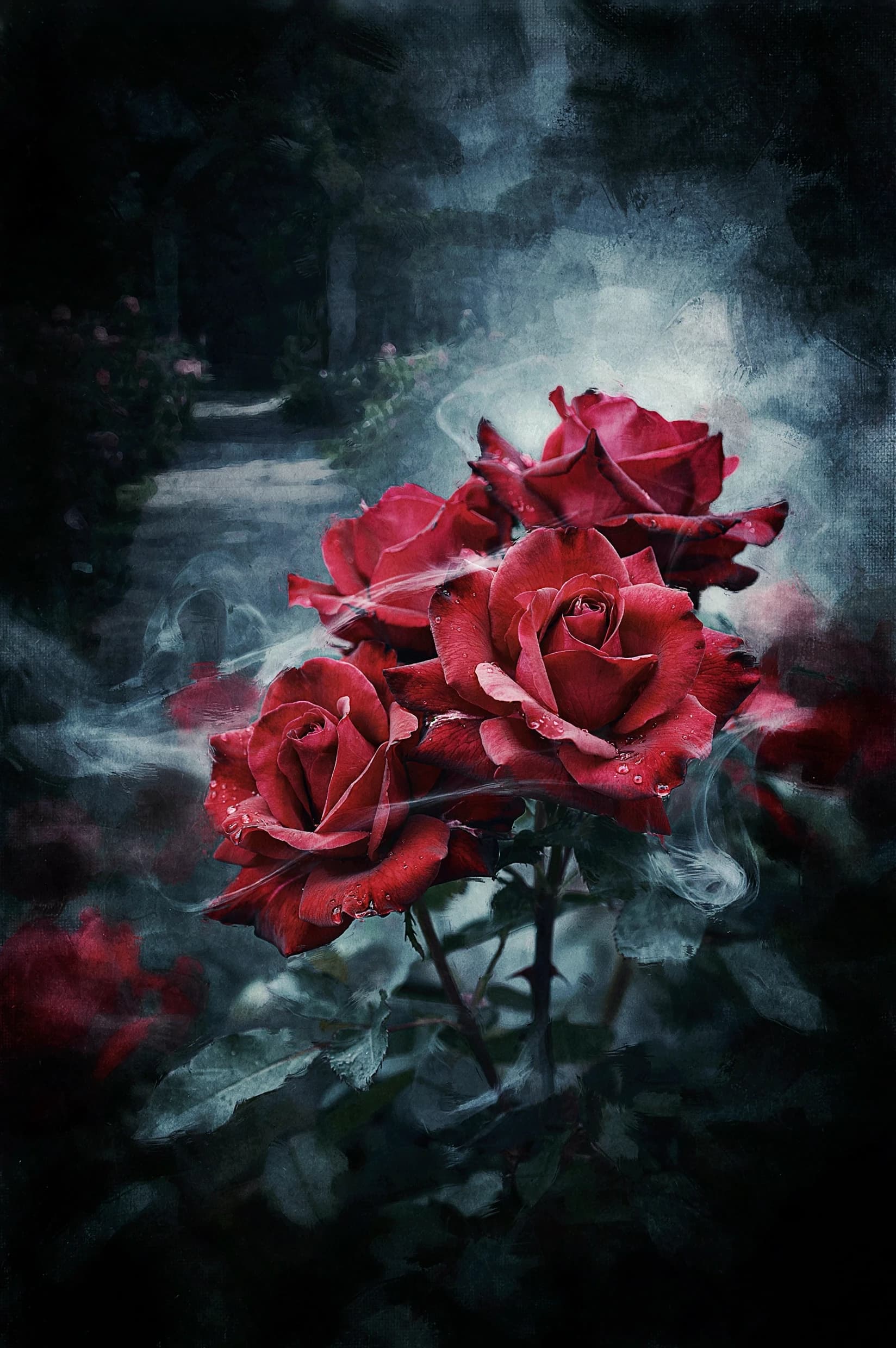 A painting of red roses, their fragile petals heavy with water droplets that glimmer like captured moonlight. The flowers emerge from shadowed stems, partially veiled by drifting mist that coils like smoke around them. Behind the roses a cold ghostly light seeps through the haze, casting elongated spectral shadows and giving the blossoms an eerie glow.