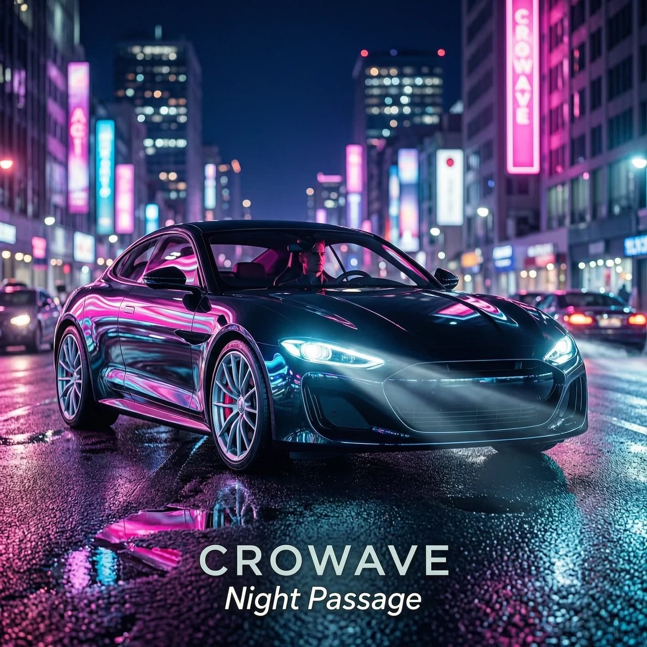 Vibrant dance-pop style single album cover art for "Night passage" by CROWAVE. A sleek luxury car speeding through a night city, seen from a dynamic low angle. A person is sitting in the car. The car has glossy metallic reflections. Vibrant neon lighting in electric pink, purple, and cyan. The image should not contain any text except for the band name and track title. Minimalist aesthetic, clean composition, high fashion and club music vibes, ultra-modern, 8k resolution. --ar 1:1
