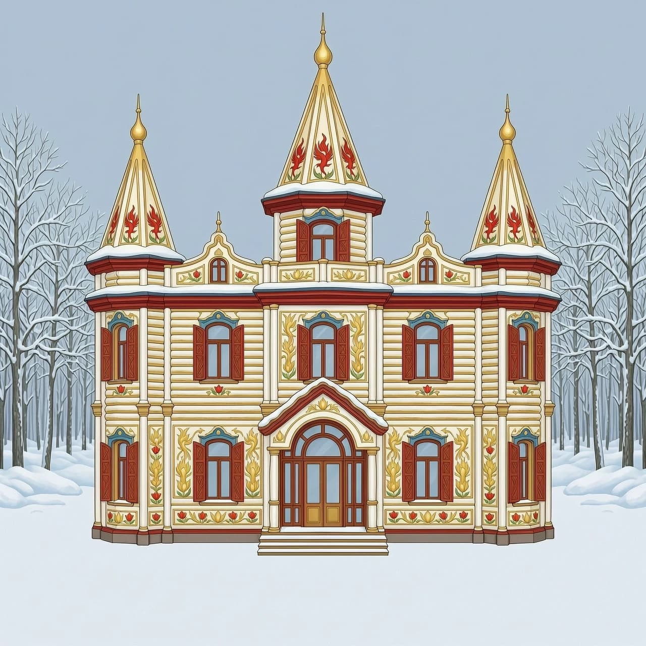 create a drawing of a tower, a royal estate, 2 floors, with turrets, kokoshniks, scarlet flowers and firebirds on tiles, carved columns, many colored murals on the facade, built in the style of Russian folk tales from round logs, with turrets, wide side extensions and arches; colors: many golden murals, white, red, with blue accents; fabulous style, bright colors, glossy gold patterns, carved shutters with three-dimensional patterns, many carved elements and patterns in the folk Russian style, reminiscent of the Summer Palace of Tsar Alexei Mikhailovich in the Kolomenskoye Museum Reserve, in the background — a winter fairy forest with snowdrifts; 3D illustration"Draw the house strictly full-face, without turns, so that the facade is fully visible, without a side corner." “Generate an image of the house facing forward, with the front facing the camera. Do not allow any tilt or angle.” “Draw the house frontally. Avoid three‑quarter or profile angles. “Focus on the facade: the entire house, without any rotations. Emphasize the symmetry and the frontal plane.
• Projection: there must be a clear frontal (orthogonal) projection.” It completely lacks perspective projections: the vertical logs extend strictly upward, while the horizontal lines of the cornices and floor extend strictly to the left and right, without the slightest tilt toward the vanishing point. The building looks absolutely flat, like an architectural design drawing or an ideal theatrical backdrop.
• Symmetry: the left and right sides of the tower are mirror images of each other relative to the central axis. The central tower, the porch, and the roof ridge are aligned on the same straight line.
• Composition (wide format): the image is panoramic. The entire facade is visible from the edge of the left wing to the edge of the right one. The low horizon line allows the building to be shown in its full two‑story height with towers, without cutting off the roof.
• Facade details:
• Walls: massive crowns made of round white logs.
• Decor: a continuous carpet of glossy gold painting on a white background, carved red window surrounds depicting fire‑birds and scarlet flowers.
• Shutters: the three‑dimensional carving rises above the wall surface, creating a complex interplay of light and shadow even under frontal lighting.
• Background: the winter forest is located far behind the house. Due to the lack of perspective, it seems as if the trees are glued to the background; they do not obscure the corners of the building and do not distort the perception of its strict geometry. Snowdrifts lie on the flat white field.