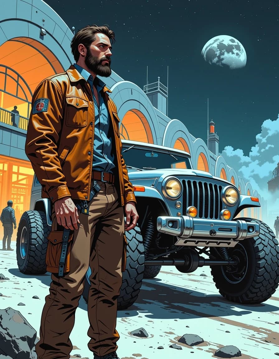 A masterpiece, in the style of the 1980s, with bold lines, dynamic strokes and rich textures, on background with a touch of nostalgia, perhaps with subtle drawings inspired by cellulose and vintage, worn textures similar to paper, oil painting, A cinematic retro-futuristic scene: a rugged, bearded man in a worn brown leather jacket and cargo pants stands beside a gleaming chrome off-road vehicle with massive treaded tires, three-quarter low-angle view emphasizing scale and power. Polished metal reflects the curving lunar terminal lights and distant starfield; subtle scratches, smudges, and dust on metal, mud on tires, realistic leather texture and stitching on jacket, visible watch and utility belt. Background: sweeping arched spaceport architecture bathed in warm interior lights, people and small rovers in silhouette, a ringed moon visible in the night sky. Dramatic rim and moonlight mixed with warm artificial glow, volumetric light, soft fog near ground, high contrast, cinematic color grade—cool silvers and warm amber highlights. Hyper-detailed digital painting / photoreal concept art, sharp focal point on man and vehicle, shallow depth of field background, intricate reflections, realistic materials, ultra-high resolution, dynamic composition, moody adventurous atmosphere.