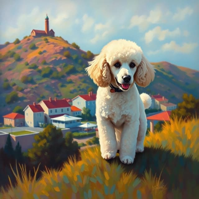 Oil painting, Universal (Poodle:1.2) , Flashy hillside, soft focus, impressionism art, (streetscape art by Gerald Harvey Jones:1.2) , extremely hyper aesthetic, painterly, cool colors, ambient background, striking, perfect symmetry, winning