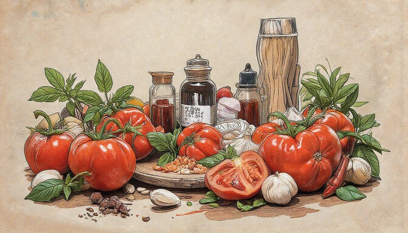 Фронтальный вид с боку. Старая бумага. Tomatos, basilik, чили перец, чеснок, пряности, специи, болгарский перец.