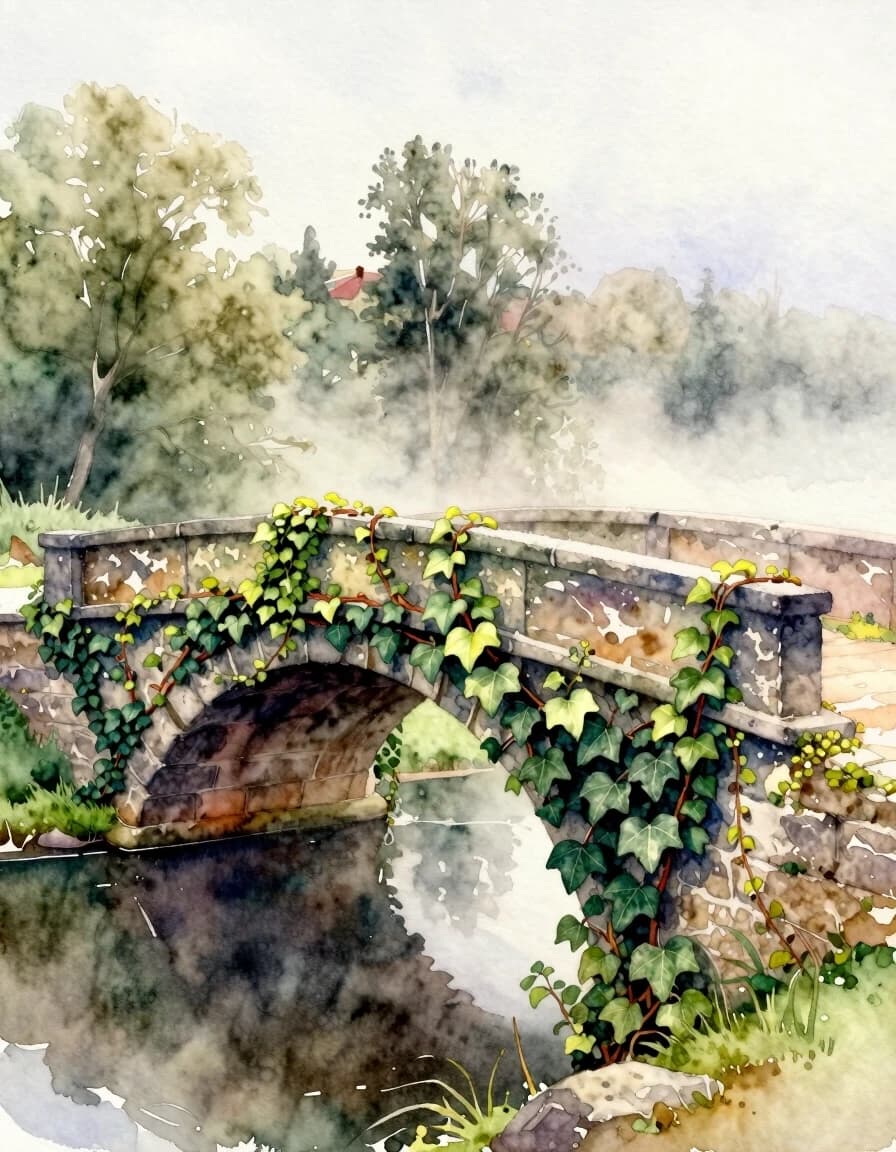 A masterpiece. Creating an image. The style is watercolor painting. Delicate watercolor on raw.((An ivy-covered stone bridge in the morning mist:1.6)). High resolution. High detail and clear texture. Intense close-up. High quality. Increased attention to small details. The aspect ratio is 3:4. The artists are Levitan, Shishkin.