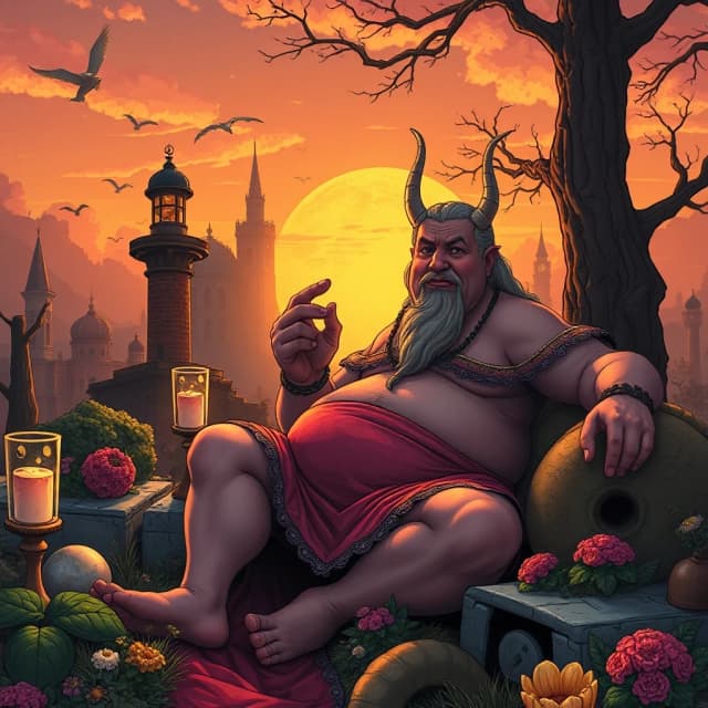 (comics art designed by Brian Bolland:1.2) , Feigned Elite "The Shape of Gluttony", at Sunrise, deep focus, Illustration, Fantasy, F/8, cartoon, magic atmosphere, detailed, full color, cute, surreal, stunning, ambient illumination, lush, rich deep colors