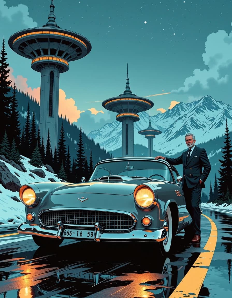 A masterpiece, in the style of the 1980s, with bold lines, dynamic strokes and rich textures, on background with a touch of nostalgia, perhaps with subtle drawings inspired by cellulose and vintage, worn textures similar to paper, oil painting, A cinematic, photorealistic scene of a retro-futuristic alpine highway at dusk: a polished gunmetal-grey 1950s luxury car with rounded fenders, chrome grille and illuminated headlights parked on wet reflective pavement, three-quarter front view low-angle composition; a distinguished man in his 50s with salt-and-pepper hair and a trimmed beard stands beside the open driver’s door in a tailored charcoal double-breasted suit, calm confident pose, hand resting on the frame. Background: towering concrete disc-shaped observation platforms with spires, elevated spiraling roadways, dense pine forest and distant snow-capped mountains under a clear starry sky with the Milky Way. Mood: moody, elegant, retro-futuristic, subtle warm lights in towers contrasting cool twilight. Visual style: ultra-detailed, high-resolution, realistic reflections and materials, cinematic volumetric lighting, soft rim light, shallow to medium depth of field that keeps car and man sharp while preserving atmospheric depth, fine film grain, natural color grading, dramatic contrast, award-winning photography quality.