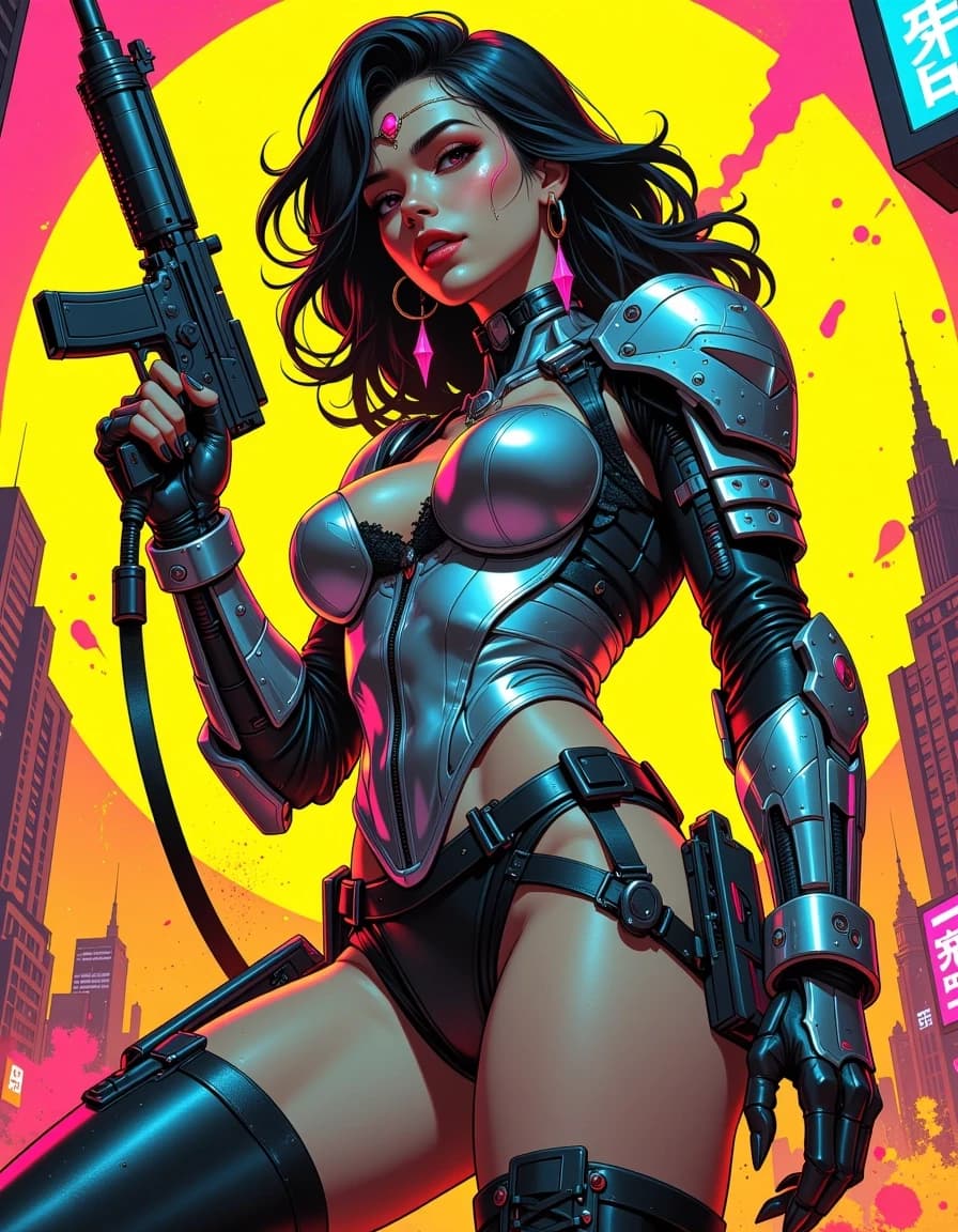 A masterpiece, in the style of the 1980s, with bold lines, dynamic strokes and rich textures, on background with a touch of nostalgia, perhaps with subtle drawings inspired by cellulose and vintage, worn textures similar to paper, oil painting, Hyper-detailed cyberpunk warrior woman in a dramatic low-angle three-quarter pose, wearing reflective silver segmented armor corset with lace trim, mechanical shoulder plates and integrated tech implants around her temple and neck, large hoop earrings and a jeweled forehead ornament, holding a futuristic assault rifle with glowing red accents; glossy thigh-high leather boots with laces and metallic studs, sensual confident expression, flowing voluminous hair swept by motion. Explosive neon yellow-orange backlight and city skyline with holographic signage, dynamic sparks, smoke and paint-splatter effects, cinematic rim lighting, deep contrast, rich saturated colors, ultra-detailed skin pores, fabric lace, metal reflections, scratches and seams, photorealistic mixed with stylized illustration, shallow depth of field, dramatic high-resolution composition suitable for poster art.