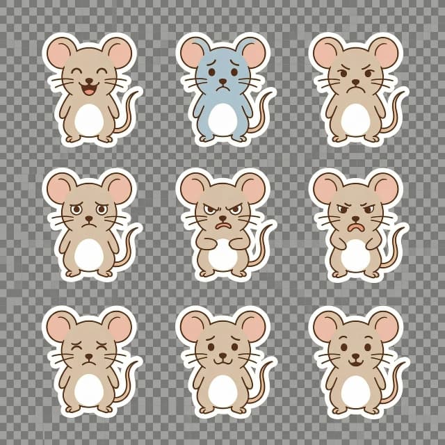 Generate a cute 2D rat with a white outline.
A set of 10 minimalist vector stickers on a transparent background featuring various emotions:
joy
sadness
anger
falling in love
despondency
aggression
sarcasm
sorrow
despair
friendliness
At the same time, remove the names of the emotions from the pictures.
