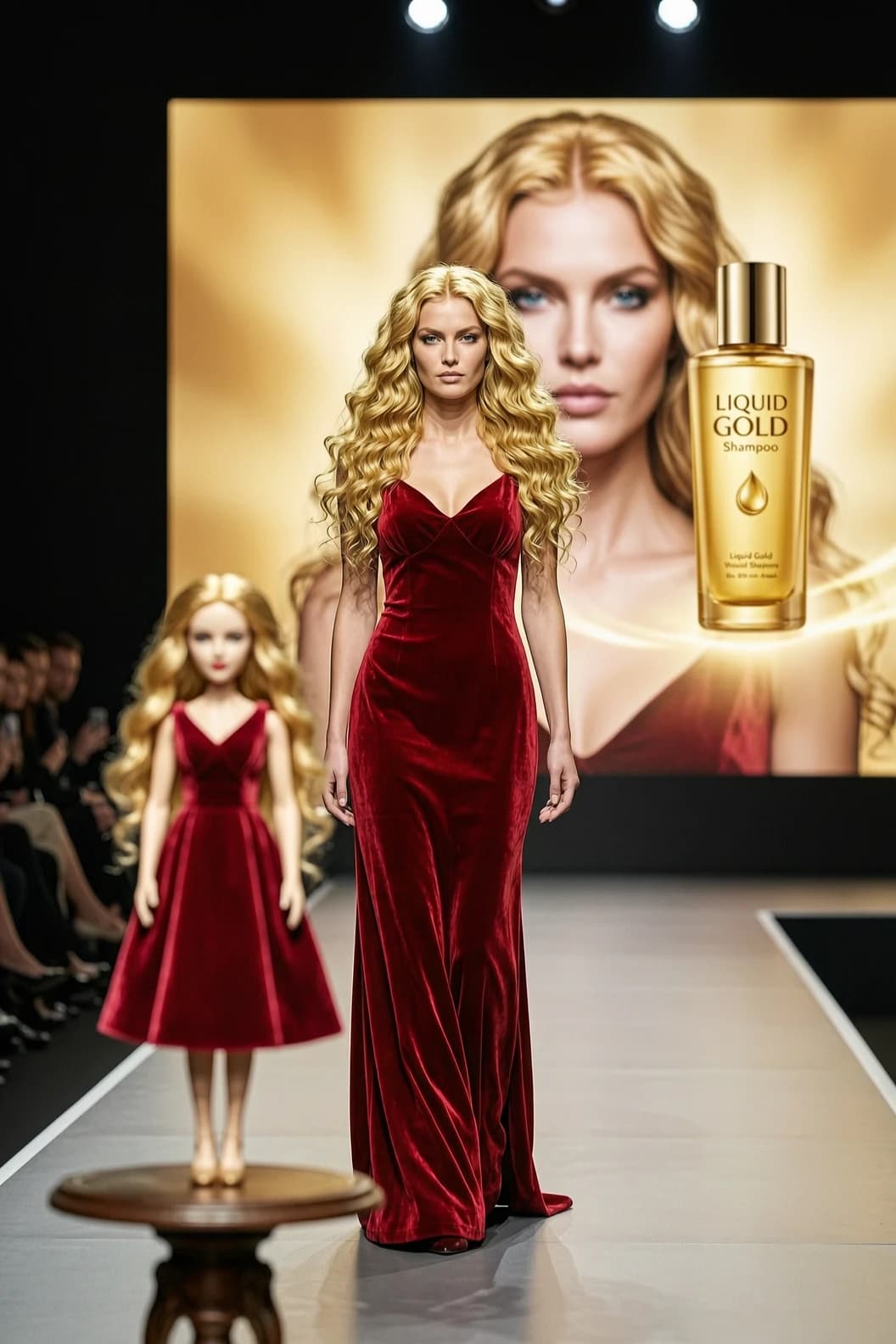 Professional shooting of the fashion catwalk. In the center is a stunning female model with long flowing hair that literally shimmers with gold, in an elegant cherry—red velvet floor-length dress. The hairstyle of the model is luxurious, shining, curls are very long. In the foreground, out of focus, is a small stand on which stands an elaborately crafted doll, similar to the same model, wearing the same dress and with the same golden hair. Against a blurry background, an advertisement with a bottle of Liquid Gold shampoo is placed on a huge glowing billboard, which depicts a portrait of the same golden-haired female model. Cinematic lighting, deep shadows, rich fabric texture, Lens: 85 mm, clear focus on the model on the podium, bokeh-style background, hyper-realistic, 8k.