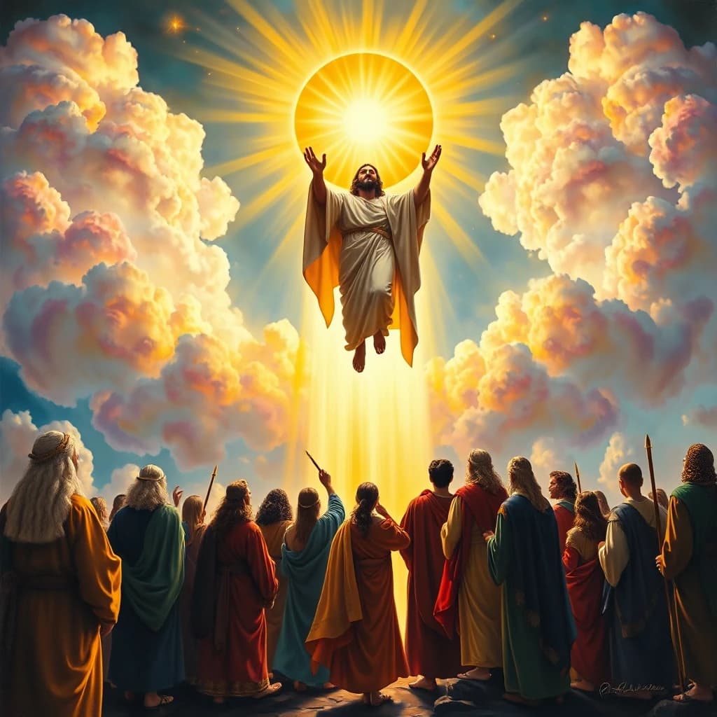 A spectacular and colorful oil painting of a majestic divine ascension. A holy male figure in radiant white and glowing golden robes is ascending into the heavens, surrounded by a brilliant circle of pure light. Below, a group of historical onlookers in ancient garments watches in absolute awe, their robes rich in vibrant blues, deep crimsons, and emerald greens. Luminous, dramatic clouds filled with pastel pink, gold, and violet hues split open. Golden sun rays and celestial energy pierce the sky. Masterpiece, highly detailed, dramatic lighting, vivid colors, cinematic, sacred art style.