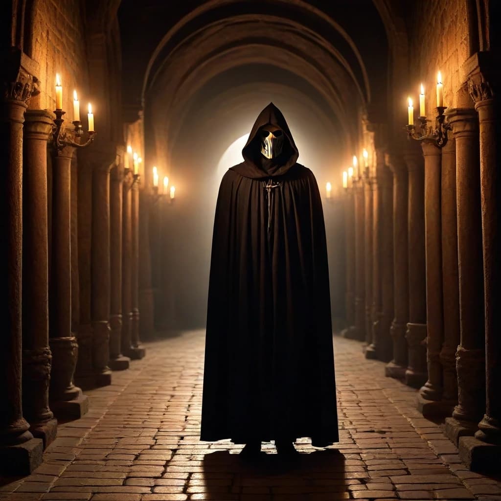 Under the vaults of an ancient medieval church, in the semi-darkness, by the lit candles, stands a mysterious man in a long, ankle-length cloak, a hood thrown over his head, his face covered by a half-mask, only his eyes visible. Illustration, Fantasy, Mysticism