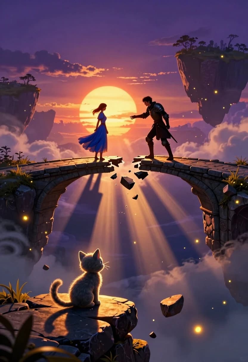 Epic fantasy digital art, hyper-detailed, 8K, Greg Rutkowski style. A colossal stone bridge spans a chasm between two floating islands, but the bridge is crumbling — great chunks of stone are falling into the abyss below. On one side stands a young woman in a flowing blue dress, her face turned away, silhouetted against a setting sun. On the other side, a young man in dark armor reaches out to her, his expression a mix of desperation and resignation. They are separated by a growing gap — the final piece of the bridge is about to break.
The lighting is dramatic: the setting sun is low and huge, casting long, deep shadows that stretch across the bridge like fingers. The sun’s light is warm and golden, but it’s fading — the sky is turning deep violet and indigo. The woman’s dress glows with the last rays of the sun, while the man is in cooler, darker tones, emphasizing the distance between them.
In the foreground, a small, fluffy grey kitten sits on a broken stone slab, looking up at the couple with a sad, confused expression — as if it doesn’t understand why they can’t just cross the gap. The kitten is backlit by the sunset, creating a glowing silhouette with visible fur strands.
Background: swirling clouds, distant floating islands fading into haze, and streaks of light cutting through the atmosphere. Fireflies and glowing motes drift in the air, following the currents of magic.
Color palette: deep cosmic purples and blues contrasted with warm golds, oranges, and ambers. The light from the sun is directional and harsh, creating strong highlights and deep shadows.
Technical: heavy use of volumetric lighting and light falloff — the sun’s rays cut through the mist and clouds, creating visible beams. Strong chiaroscuro with hard shadows and bright rim light on the figures. Glowing particles with bloom effect. Intricate textures on the stone, the woman’s dress, and the kitten’s fur. Atmospheric haze to separate the planes and enhance depth.