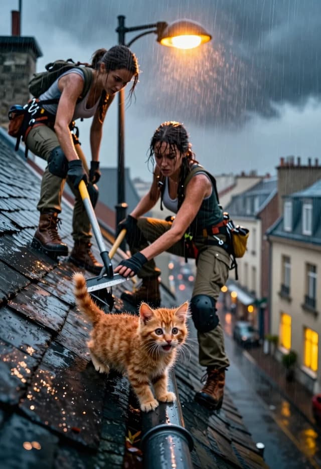 Photorealistic, cinematic, 8K, 2:3 aspect ratio. Low-angle shot from the street looking up at a steep, wet slate roof of an old city building. Heavy rain, dramatic lighting: a single warm streetlamp cuts through the downpour with volumetric rays, contrasting with the deep blue-grey of the stormy sky.
On the roof, two young female urban explorers in Lara Croft-style gear are working against the elements. One, with a utility belt and tactical gloves, is clearing debris with a long-handled scraper; the other, her dark hair plastered to her face by rain, is inspecting a loose tile, her face tense with concentration. Their postures show effort and balance — they’re leaning into the wind, muscles taut, every movement precise. Their outfits are practical but iconic: fitted vests, cargo pants, knee pads, and sturdy boots; gear is slightly wet and gleaming under the streetlamp.
In the foreground, sharply in focus, a tiny, drenched but defiant ginger kitten clings to a metal downspout. Its fur is matted and spiky from the rain, eyes wide and bright, mouth slightly open in a tiny mewl. The kitten’s size emphasizes the height and danger of the women’s work, creating a powerful emotional contrast.
Background: a dense urban landscape of rooftops fading into the rainy haze, with warm yellow windows creating a sense of life and shelter amidst the storm.
Technical: extreme depth of field — the kitten razor-sharp, the women slightly softer, the city background deep bokeh. High contrast, wet surface textures, raindrops on lens effect, detailed fabric of the gear, hyper-realistic fur of the kitten. Mood: tension, teamwork, and the unexpected heroism of small things.