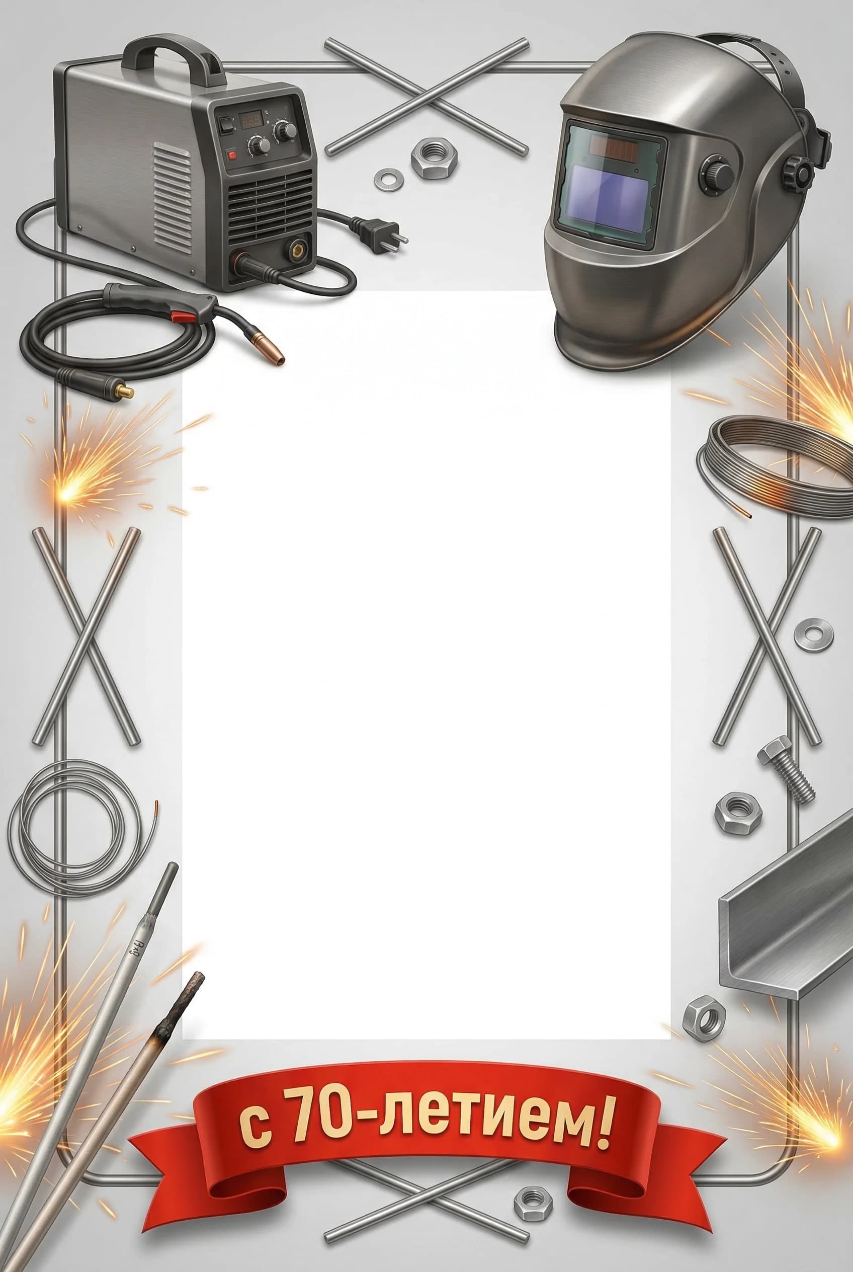 Generate a high-resolution A4-format (210×297 mm) illustration: a custom congratulatory frame for inserting a photo of 10×15 cm (6×4 inches) in the central empty area.
Composition details:
1. Top left corner: position a realistic image of a portable inverter welding machine. Show it in a 3/4 side view. Include visible details: the main body with ventilation grilles, a control panel with dials, a power cable trailing off, and a welding torch cable.
2. Top right corner: place a detailed close-up of an auto-darkening welding helmet. The visor should be down, showing a slightly reflective, darkened surface. Include the headband and adjustment mechanisms.
3. Frame border: create an ornate border by artistically weaving in welding-related elements:
* Bright, dynamic sparks in orange and yellow, shown at different stages of flight.
* Several welding electrodes: one new and unused, one partially burned.
* A short length of coiled MIG/MAG welding wire.
* Small metal hardware: a couple of nuts and bolts, a small washer.
* A piece of metal angle iron and two crossed metal rods forming a subtle geometric pattern.
4. Bottom center: add a festive red congratulatory ribbon with a slight 3D effect (soft shadows underneath). On the ribbon, write the inscription "с 70‑летием!" in bold, sans-serif capital letters. The font should be clear and easily readable, colored in gold or white.
Visual style:
* Style: modern industrial with a celebratory twist.
* Lighting: studio lighting with soft highlights on metal surfaces and a slight glow on the sparks.
* Detail level: high, with visible textures (brushed metal, cable insulation, spark glow).
* Overall mood: professional, respectful, and festive.
