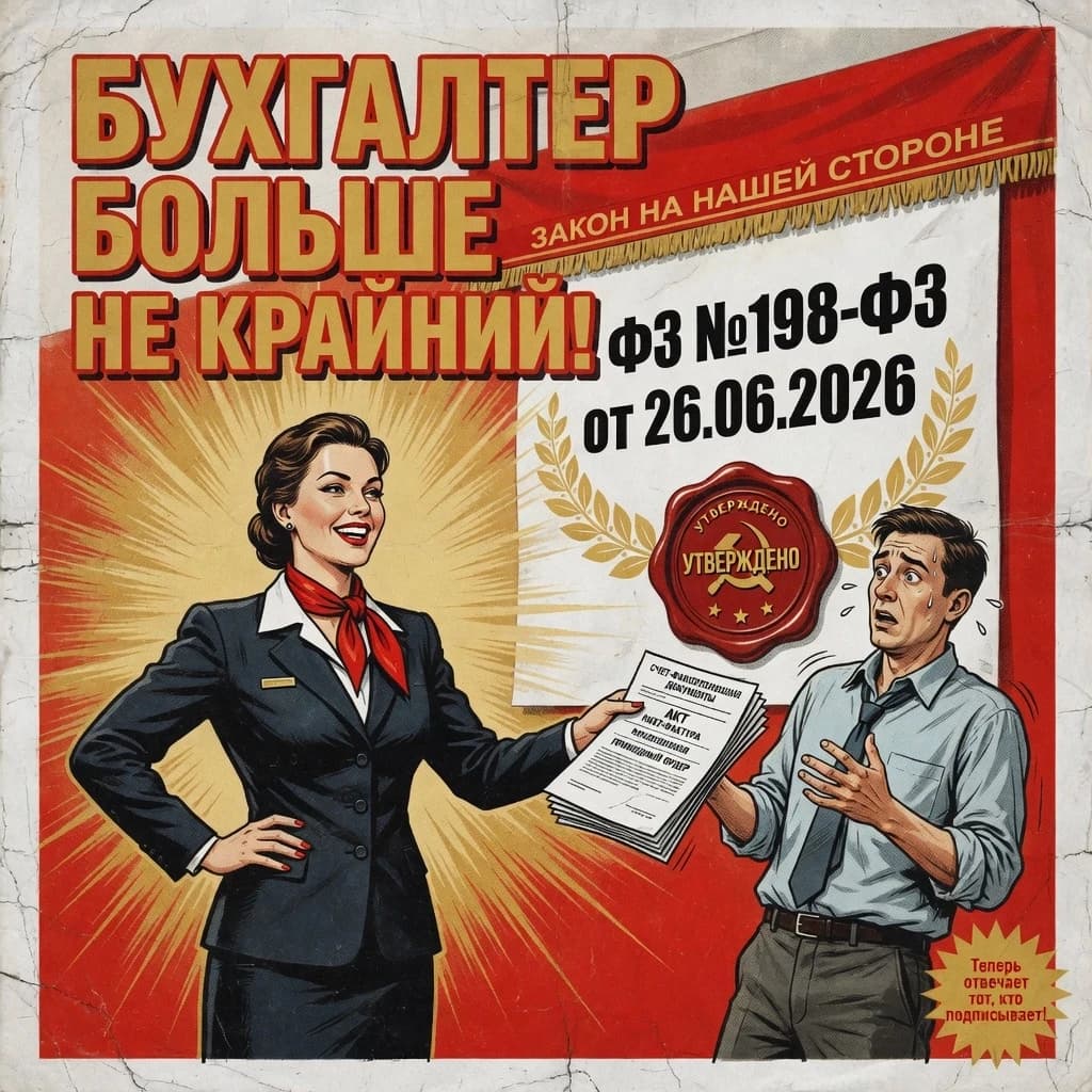 Style of a Soviet propaganda poster, bright red and gold colors, large inscription in the center: "THE ACCOUNTANT IS NO LONGER TO BLAME!". In the foreground, a confident accountant in an office suit is handing a stack of papers (primary documents) to another confused employee in a shirt. On the wall behind, a large sheet with the text "FZ No. 198-FZ of 06/26/2026" and a seal is hanging. The mood is triumphant and joyful. Rough graphics, offset printing, high detail.