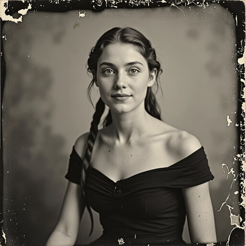 Молодая женщина (примерно 25–28 лет), стройная, светлая кожа, длинные волосы собраны на затылке, голубые/серые глаза, нейтральное уверенное выражение лица с лёгкой полуулыбкой. На ней: Чёрный топ с открытыми плечами. Поза: слегка наклонена вперёд, руки опущены, плечи расслаблены.