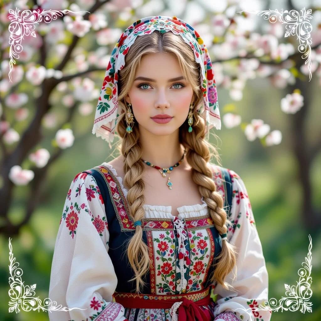 Russian Russians: A detailed portrait of a young woman of Slavic appearance from the 16th century in a traditional long Russian sundress and a traditional Russian cocoanut headdress, with blonde hair against the background of a spring blooming forest, in full growth. In the Glitter style: magical realism, natural symphony, shapes dissolve into color, lines flow like water, translucent layers with a watercolor texture, intricate ornaments at the corners of the composition.
High quality, 4k, octane, cinematic lighting, dramatic composition, eyes with increased detail, delicate skin texture, professional photography, depth of field, Leica camera, artstation trends, spectacular lighting, mystical atmosphere, detailed textures, volumetric lighting, works by Viktor Vasnetsov and Ivan Bilibin, gouache painting style, style Russian fairy tales, photorealism. An atmosphere of joy and serenity.