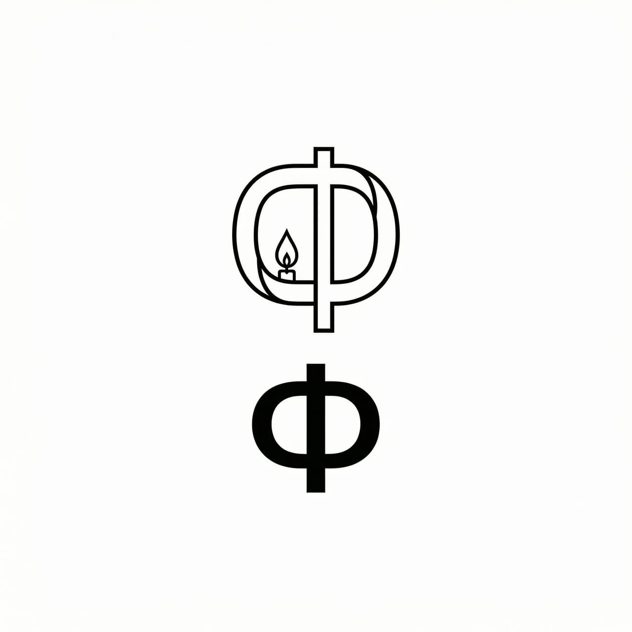 Vector logo for a self‑employed festive catering master. Style: minimalist line art, thin strokes, elegant negative space, geometric simplicity. Monogram: stylized “Ф” with subtle curves that evoke a folded napkin and a candle flame (symbolizing celebration and homey comfort). No extra icons, only the letter and two tiny shapes. Font: geometric grotesque, bold weight, compact proportions, centered under the symbol. Designed for maximum legibility at small sizes. No background, sharp vector quality, 3000×3000 px.
