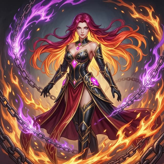 Masterpiece digital painting, premium hand-painted 2D game key art, anime-inspired semi-realistic style. A complete visual reimagining of the character as a stunningly beautiful adult female heroine, transcending a simple gender-swap to create a unique individual. She possesses a distinctly feminine anatomy with graceful shoulders, a slender waist, elegant hips, and lithe, toned limbs.
Her costume is an elaborate, legendary-tier female battle-regalia, moving away from heavy male armor toward a sophisticated silhouette of ornate black obsidian plates and crimson silk drapery. The outfit integrates intricate gold filigree and glowing magenta ornaments, blending dark fantasy aesthetics with high-fashion elegance. Her hair is a breathtaking feature: long, voluminous, flowing locks of living fire that transition from deep magenta to brilliant orange and incandescent gold, swirling dynamically around her.
The composition is a dynamic, low-angle cinematic shot, emphasizing her epic presence. She is surrounded by a swirling vortex of supernatural energy: intense demonic fire, crackling orange-red embers, and ethereal purple flames that dance between heavy, glowing enchanted chains.
Lighting is dramatic and chiaroscuro-inspired, with the primary light source being the intense glow from her own magical powers, casting deep shadows and vibrant rim lighting across her detailed facial features and expressive, glowing eyes. The atmosphere is intense, powerful, and mystical. Highly polished professional illustration with painterly textures, intricate particle effects, and a sense of overwhelming magical power. Фото прикрепить нельзя по этому референс - Валир из игры мобайл легенд в легендарном скине Пламя Инферно.