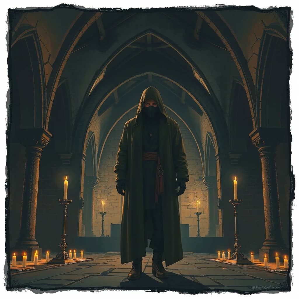 Under the vaults of an ancient medieval church, in the semi-darkness, by the lit candles, stands a mysterious man in a long, ankle-length cloak, a hood thrown over his head, his face covered by a half-mask, only his eyes visible. Illustration, Fantasy, Mysticism
