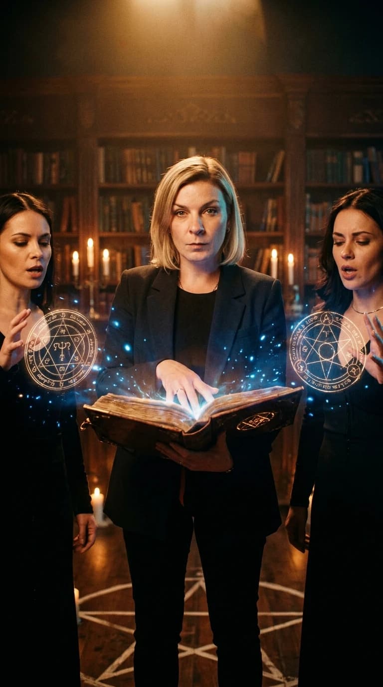 Cinematic film still from a supernatural drama series, high-quality television production aesthetic. A group shot featuring a woman as a powerful sister of the Charmed Ones, standing alongside her sisters in a mystical, cohesive composition. They are gathered around an ancient, glowing magical book (Book of Shadows) resting on a dark wooden pedestal. The scene captures a moment of intense ritual or discovery. Realistic skin textures, natural body proportions, and authentic facial features preserved with photographic precision. Lighting is moody and atmospheric, with soft amber candlelight clashing with ethereal blue magical wisps emanating from the book. Background is a dimly lit, Victorian-style manor library with heavy velvet curtains, antique bookshelves, and swirling dust motes in the light beams. Shot on 35mm lens, shallow depth of field, cinematic color grading, hyper-realistic textures, volumetric lighting, no digital artifacts, seamless integration of magic effects.