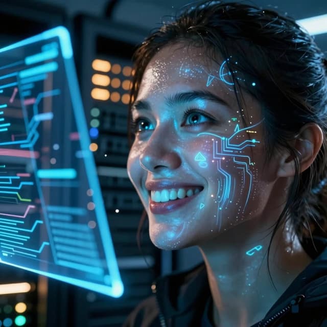 Cinematic hyper-realistic close-up, 8K. A female hacker in the middle of a high-stakes moment. She’s not looking at the camera; she’s looking slightly above it, at a floating holographic display. Her face is lit by the intense blue glow of the hologram. Her expression is a mix of concentration and triumph: her eyes are wide and focused, her lips parted in a sharp, exhilarated grin — the kind of smile you get when you’ve just cracked a tough code.
Her face and neck are partially obscured by translucent, glowing data streams. These are not words, but abstract visualizations of data: flowing particles, circuit traces, and geometric shapes that move and pulse with light. Some elements appear to be projected onto her skin, while others seem to be visible through it.
Lighting: the primary light source is the hologram itself — a bright, cold blue that casts sharp shadows and creates a dramatic contrast. There’s a secondary warm amber light from a distant server rack, adding a subtle contrasting tone to the shadows.
Details: hyper-detailed skin texture, visible pores, and the sheen of adrenaline-induced sweat. Her irises are crystal clear with multiple catchlights. Strands of her dark hair are slightly disheveled, adding to the intensity of the moment.
Background: dark, industrial server room or high-tech control center. Out-of-focus blinking LEDs, server racks, and floating data readouts create a sense of a busy, high-tech environment.
Technical: dynamic lighting, volumetric light rays, motion blur on the floating data particles, shallow depth of field, focus on the eyes and the glowing data patterns.