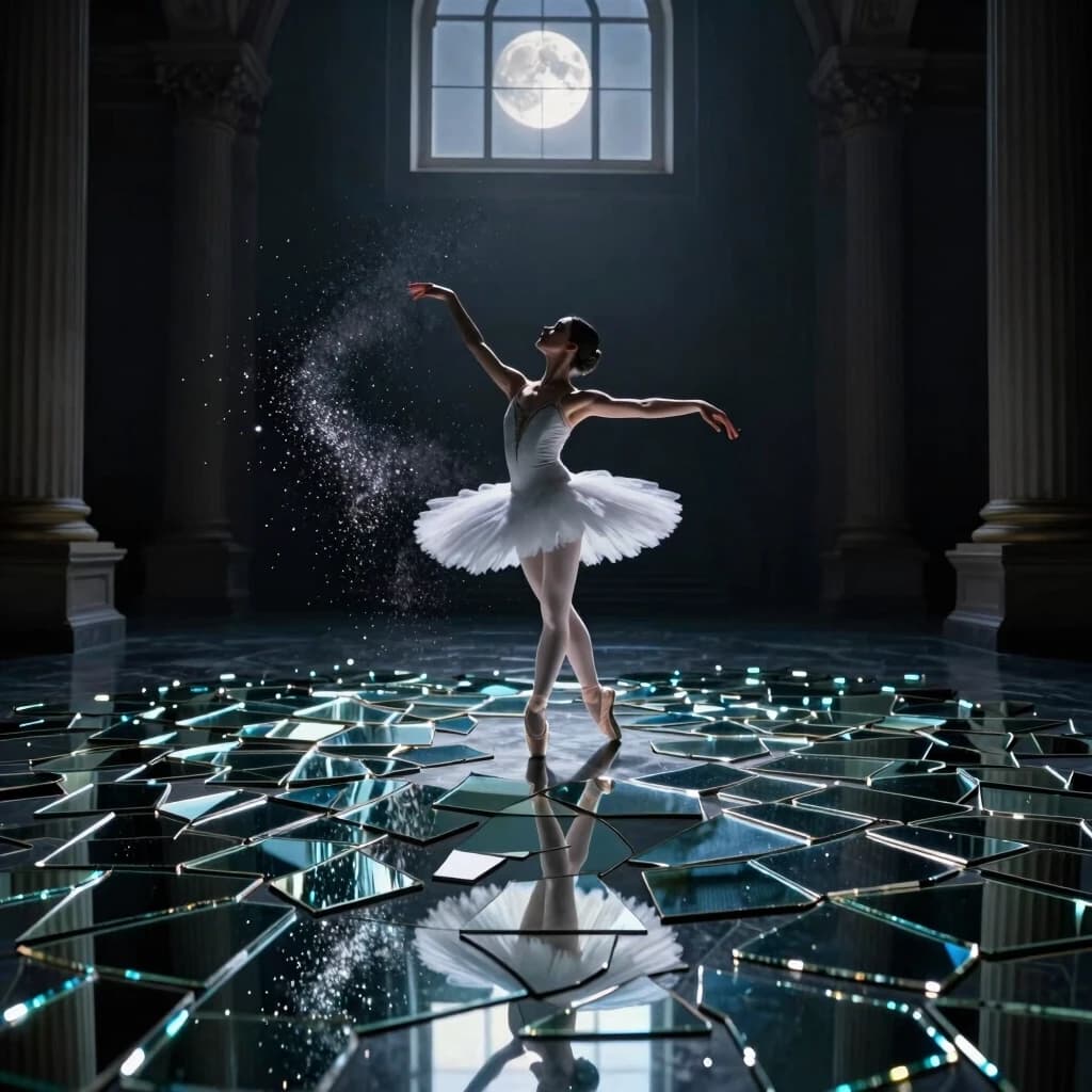 A breathtaking cinematic shot of a graceful ballerina dancing in the center of a darkened hall. The floor is covered with thousands of shimmering broken mirror shards. Each shard reflects her movement and the moonlight from a high window. Silver dust and sparkles in the air. High contrast, cool tones, sharp focus on the reflections, 8k, ethereal and dramatic atmosphere