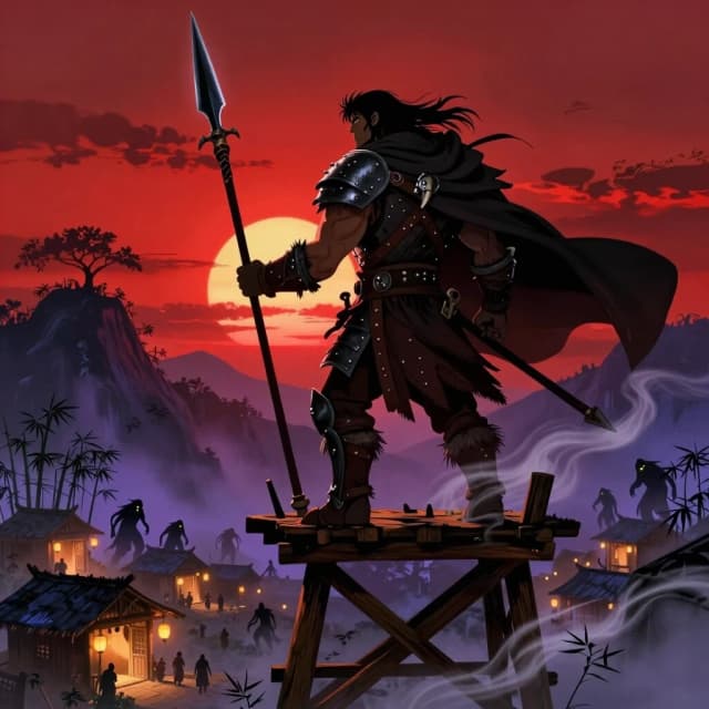 Cinematic illustration in the style of Yoshitaka Amano. An Orcish Hunter stands on a wooden watchtower at the edge of a small mountain village, silhouetted against a blood-red sunset. He’s massive and muscular, but his posture isn’t brutish — it’s coiled, alert, like a predator sensing danger. His armor is a mix of crude leather straps, bone plates, and metal studs; a heavy cloak flutters dramatically in the wind. In one hand, he grips a massive spear with a curved blade, its edge glowing faintly with a dark, eldritch energy.
Below, the village is alive with warm, golden light from paper lanterns and open doorways — tiny figures move about, unaware of the threat. In the distance, beyond the bamboo forest, the tree line stirs: shadowy figures with glowing eyes — the beastmen — are creeping closer, their forms half-hidden in the mist.
The composition is vertical and elongated, emphasizing the height of the tower and the scale of the hunter. The background is a painterly wash of deep crimson and indigo, with delicate, calligraphic brushstrokes adding texture and movement. The foreground features sharp, crisp details on the hunter’s face and gear, contrasting with the softer, dreamlike background.
Lighting is dramatic: the setting sun backlights the hunter, creating a halo effect, while deep shadows accentuate the rugged planes of his face and the texture of his armor. Volumetric mist swirls around the tower, adding depth and mystery.
Technical: 8K resolution, high contrast, rich, saturated colors with subtle gradients; focus on the interplay between light and shadow; painterly textures with digital precision; atmospheric perspective; mood of impending danger, stoic resolve, and quiet heroism.