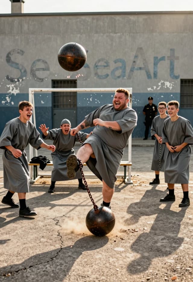 Draw a photorealistic scene in the prison yard: prisoners in gray robes are playing an impromptu football game — but the “ball” is a cast‑iron cannonball on a short chain, torn off by someone from the leg shackles. The ball is heavy, cast‑iron, dark gray, with rusty streaks, and the chain drags behind it across the cracked asphalt, striking sparks. In the center of the frame is a stocky prisoner, about thirty years old, with tattoos on his forearms and a wide smile; he’s in a striking pose, like a footballer before taking a penalty kick: his supporting leg is planted, his torso is tilted back, and his other leg is raised to strike a cast‑iron ball that’s hanging high in the air and is chained to his leg. His face shows absolute excitement and enthusiasm; his mouth is open in a scream, and his eyes are burning as if he’s about to score the winning goal. There are four or five other prisoners around: one is running towards the ball, arms outstretched like a goalkeeper, but he’s laughing so hard he’s in tears; his hat has come off; the other two are huddled by an imaginary goal made of upturned benches and folded clothes, shouting and waving their arms. One is very young, frail, wearing glasses, standing a little apart and laughing, holding his stomach; he’s holding a chain from his own cannon, but he isn’t taking part — he’s just a spectator, and that suits him too. In the background, out of focus, is a security guard in uniform; he’s leaning against the wall and watching the game with an expression that’s impossible to decipher — whether it’s condemnation, envy, or whether he himself wants to go out onto the field, but his duty doesn’t allow it. In the air — dust raised by the “ball” and the players’ feet; the sunlight is slanted, it’s golden hour, and long shadows from the players fall on the asphalt. On the back wall of the courtyard, football goals are drawn — peeling plaster, through which an old inscription can be seen, once painted in blue paint, now almost erased, barely discernible: “SeaArt”; the letters are pale, half‑erased, only slightly darker than the background; the inscription is only readable if you look closely. Photorealism, shooting at 50mm, aperture f/2.0, high detail: the texture of cast iron with rust, sparks on the asphalt, skin pores, the pattern of tattoos, dust particles in a ray of light.