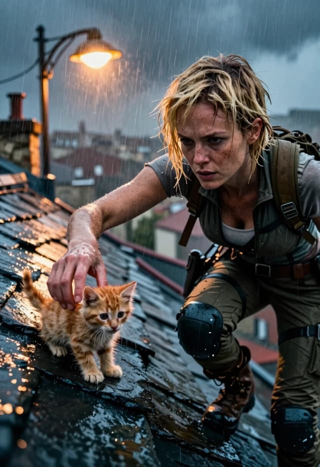 Photorealistic, cinematic, 8K, 2:3 aspect ratio. Extreme close-up dominating the foreground: the woman’s face and upper torso fill nearly half the frame, capturing every detail of her features. She has a short, slightly tousled light‑blonde haircut with uneven edges, distinct freckles, and subtle skin texture; her gaze is intense and focused, with a hint of tiredness in her eyes. Her expression conveys determination mixed with careful concentration.
She’s positioned on a steep, wet slate roof, leaning with one hand firmly braced against the slippery, rain‑slicked surface. With her other arm stretched out, she’s reaching to gently scoop up a tiny ginger kitten that’s huddled near a loose tile. The kitten’s fur is matted from the rain, its eyes wide with a mix of fear and trust; its small size contrasts sharply with the woman’s strong, deliberate posture, emphasizing both the danger of the height and her protective intent.
The background features a low‑angle view of the old city building’s roofline and a dense urban landscape fading into rainy haze. Heavy rain falls in diagonal sheets, illuminated by a single warm streetlamp that cuts through the downpour with volumetric rays. The lamp’s glow contrasts with the deep blue‑grey of the stormy sky and casts dramatic, hard side lighting on the woman’s face: one side is sharply lit, revealing pores and freckles, while the other side falls into deep shadow. A subtle rim light highlights the edges of her hair, giving it a faint golden halo.
Wet textures are hyper‑detailed: the slick slate tiles, the water beading on her tactical gear, the matted fur of the kitten, and the glistening metal of nearby roof fixtures. She wears a practical Lara Croft‑inspired outfit—a fitted vest, cargo pants, knee pads, and sturdy boots—all slightly wet and gleaming under the streetlamp.
Technical: shallow depth of field, f/1.4, 85mm lens; the woman’s face and reaching hand are razor‑sharp, while the background cityscape and distant rooflines dissolve into deep bokeh. Film grain for a raw, cinematic feel. High contrast, dramatic chiaroscuro lighting, volumetric rain, raindrops on lens effect. Mood: tension, courage, and quiet compassion—a moment of human connection amidst the storm and height.
