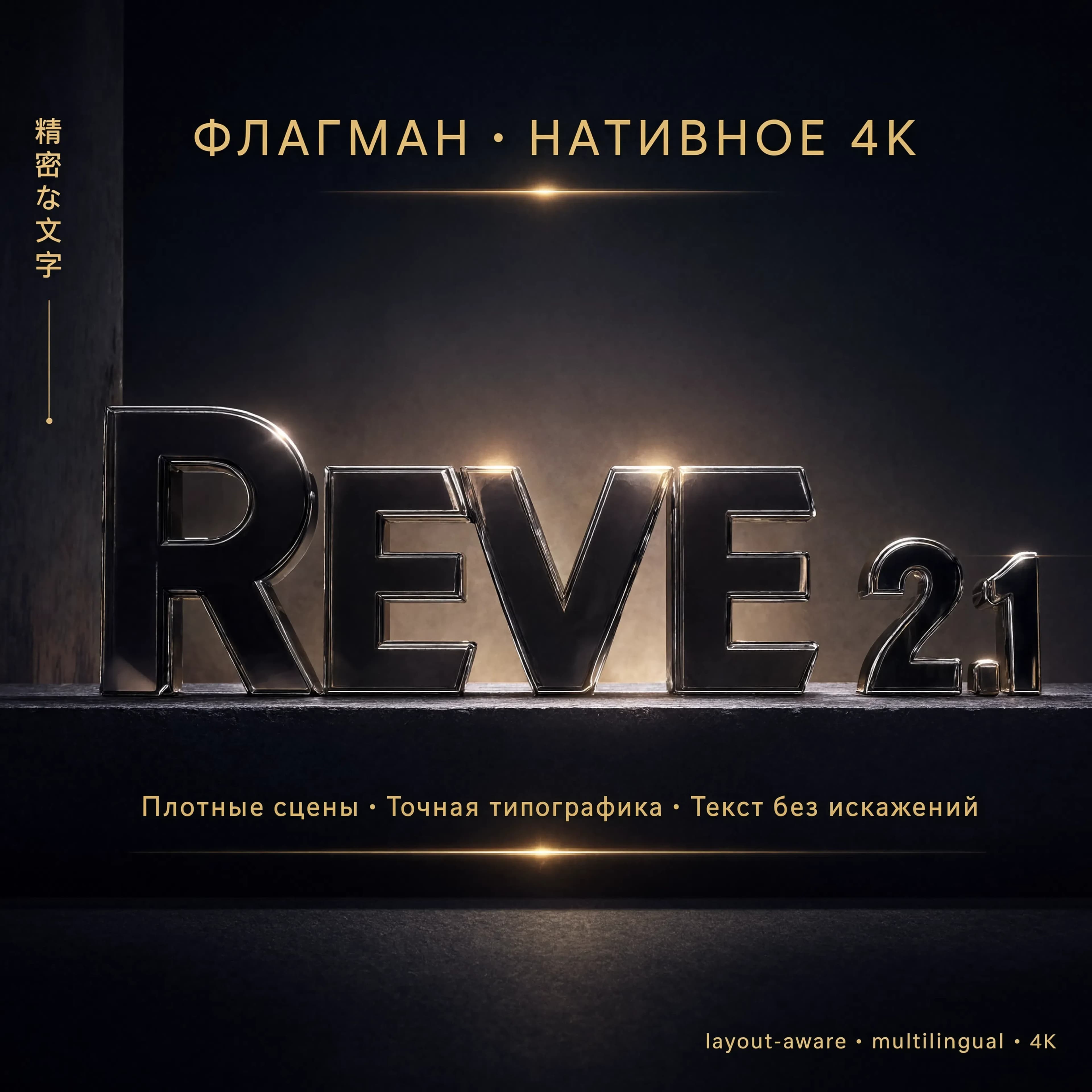 Кинематографичный студийный key-visual премиального дизайн-класса, нативное 4K, максимальная детализация, постерная эстетика luxury-бренда. В центре композиции — крупная объёмная 3D-надпись «REVE 2.1»: гигантские буквы отлиты из полированного чёрного стекла с хромированными фасками, мягкими бликами и тонкой гравировкой, стоят как физический hero-объект на матовом бетонном подиуме. Кинематографичный контровой свет, тёплые и холодные рефлексы, лёгкий объёмный туман, выразительная глубина резкости.
Типографика — безупречно чёткая, ровный кернинг, острые края букв:
— крупный заголовок сверху по центру: «ФЛАГМАН · НАТИВНОЕ 4K»;
— под hero-надписью подзаголовок: «Плотные сцены · Точная типографика · Текст без искажений»;
— в правом нижнем углу мелкая строка спецификации: «layout-aware · multilingual · 4K»;
— сбоку тонкая вертикальная строка иероглифов «精密な文字» — демонстрация многоязычного рендера.
Богатая многослойная композиция по дизайнерской модульной сетке, идеально ровные линии, чистые широкие поля, премиум-палитра: глубокий индиго, графит, тёплое золото. Вертикальный формат 4:5.