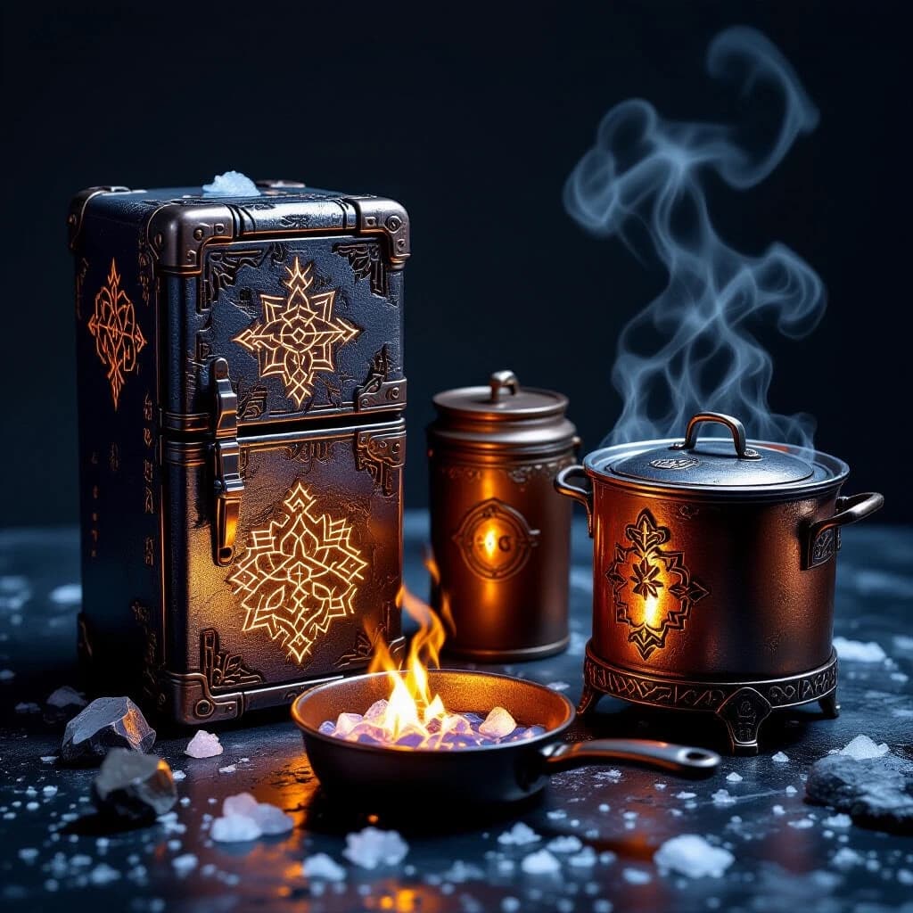 A fantasy-themed kitchen set consisting of a mini-fridge, a canister, a generator, a skillet, and a stockpot. All items are made of forged iron, aged copper, and glowing crystal. Runic engravings, steam and frost effects. Product photography style, dark background with rim lighting, highly detailed, 4k, fantasy concept art.