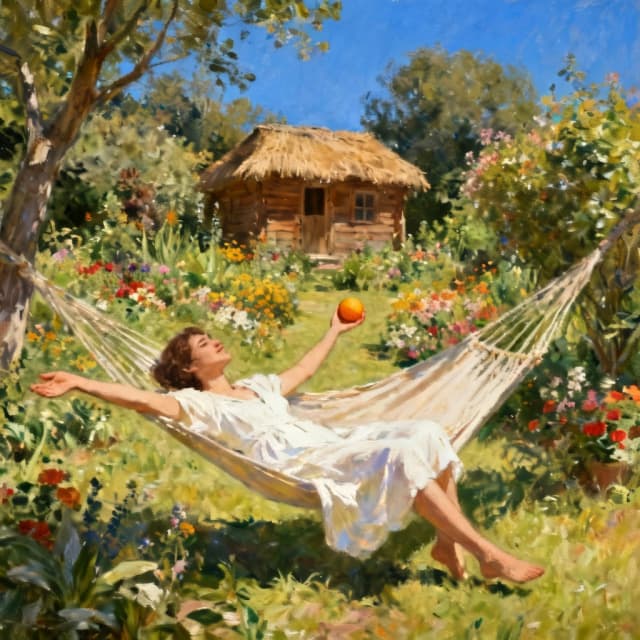 The image is a painting of a woman lying in a hammock in a garden. The woman is wearing a white dress and is lying on her back with her arms stretched out to the sides. She is holding an orange in her hand and appears to be relaxed and enjoying the moment. The garden is filled with colorful flowers and plants, and there are trees and bushes surrounding the woman. In the background, there is a small wooden cabin with a thatched roof. The sky is blue and the overall mood of the image is peaceful and serene.
