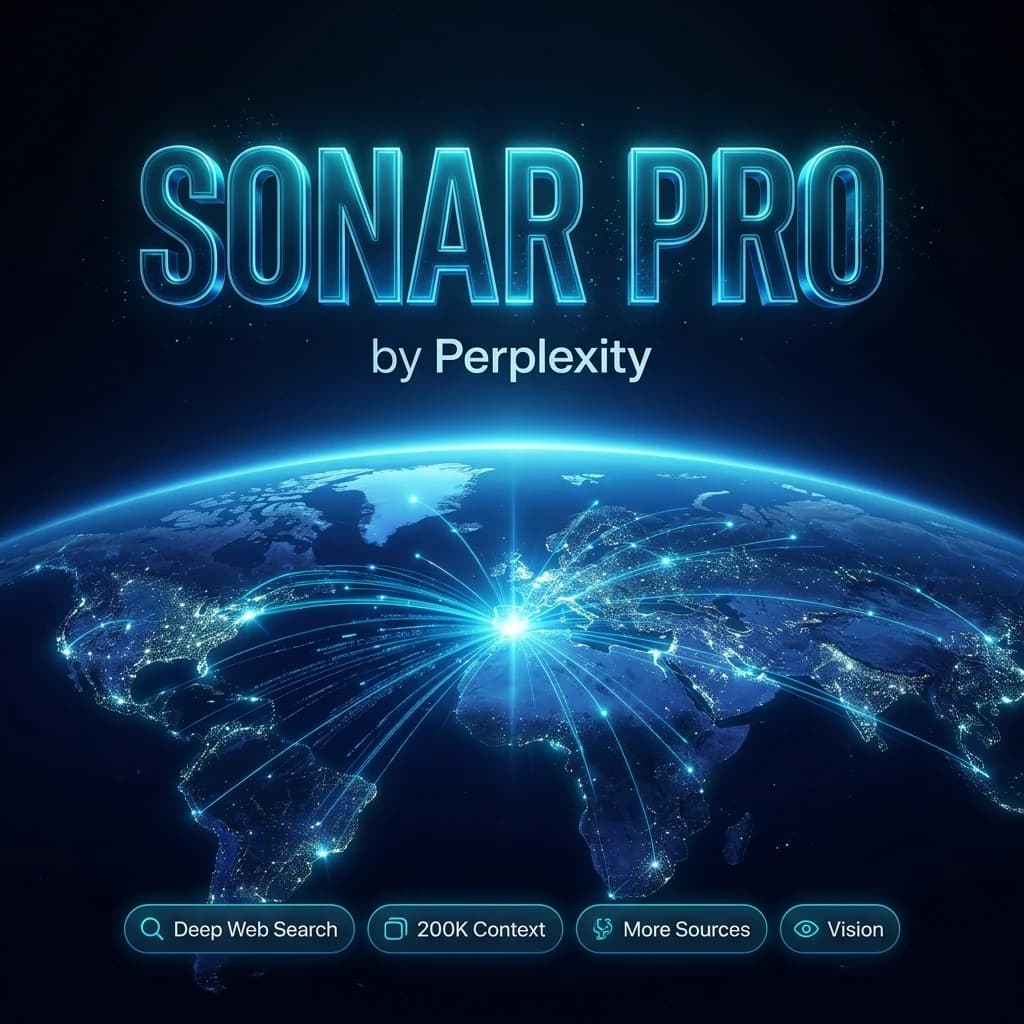 Premium cover poster, square composition, bold glowing modern 3D typography text "SONAR PRO" centered near the top, crisp and perfectly legible. Small clean tag "by Perplexity" directly below the title. Below it: a luminous night Earth seen from orbit, glowing data streams and search beams converging from cities into a bright core, deep blue and cyan palette, cinematic depth. Near the bottom a clean row of small glowing rounded feature badges with short legible labels: "Deep Web Search", "200K Context", "More Sources", "Vision". High detail, clean design, flagship poster quality, no extra labels, perfectly legible text. Full-bleed edge-to-edge artwork filling the entire frame: no border, no frame, no passe-partout, no mockup, no background around the poster