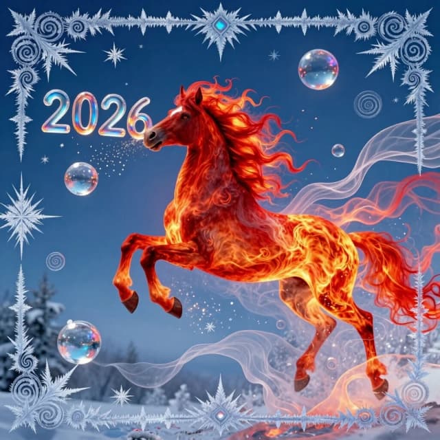 In the double exposure style. An ephemeral mythical creature in the form of a beautiful scarlet fiery horse with a long wavy mane collects the word "2026" from glass letters. In a jump. Background: bright blue night sky with grandiose continuous ornamental frosty patterns, zigzags, spirals of frost. Needles, transparent glass balls, silk, tulle.
In the "Glitter" style: magical realism, natural symphony, shapes dissolve into color, lines flow like water, translucent layers with a watercolor texture, intricate ornaments at the corners of the composition.
Iridescence, lace, entourage, fantastic plot, New Year's tale, magic, whimsicality, originality. High detail, cinematic lighting, solemn festive atmosphere, realistic.
