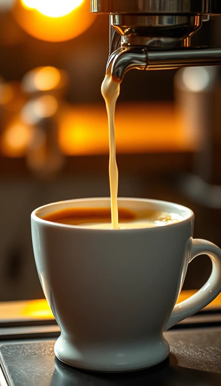 Cinematic premium coffee commercial, warm sophisticated atmosphere, realistic photography, shallow depth of field, beautiful natural morning light, subtle film grain, elegant camera movement.
Scene: freshly brewed espresso slowly pouring into a beautiful ceramic cup. Extreme close-up, rich crema forming on the surface, dramatic warm backlight, slow motion. Milk being poured into the coffee, creating an elegant latte art pattern. Smooth controlled movement, beautiful steam.
Mood: inspiring, warm, premium, comforting, sophisticated.