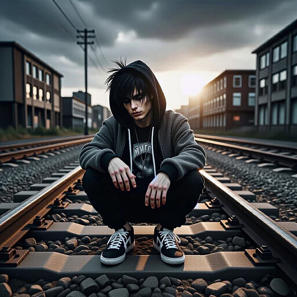 young man sitting on railroad tracks in the middle of an empty railway, streetwear style, hoodie and sneakers, urban vibe, dramatic sunset light, cinematic shadows, hip-hop album cover, gritty texture, film grain, high detail