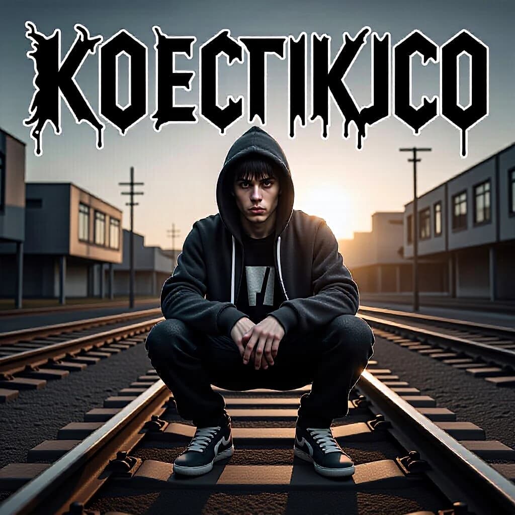 young man sitting on railroad tracks in the middle of an empty railway, streetwear style, hoodie and sneakers, urban vibe, dramatic sunset light, cinematic shadows, hip-hop album cover, gritty texture, film grain, high detail