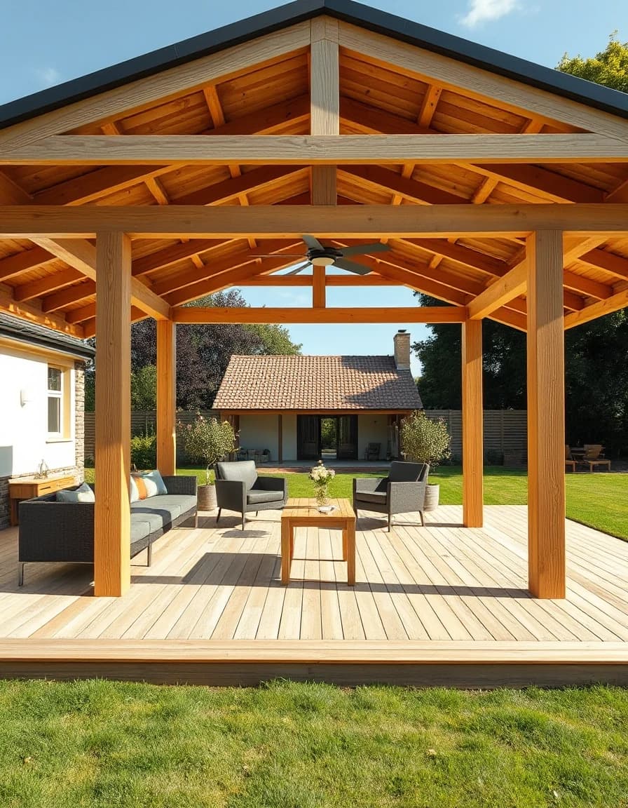 Vertical architectural photography of a luxury modern outdoor gazebo backyard pavilion. Flat roof, open timber construction, light oak wood posts and beams. Built on a premium wide wooden terrace deck. Minimalist patio furniture set inside the pavilion. Sunny summer day, soft shadows, manicured lawn around, ultra-detailed architectural presentation.