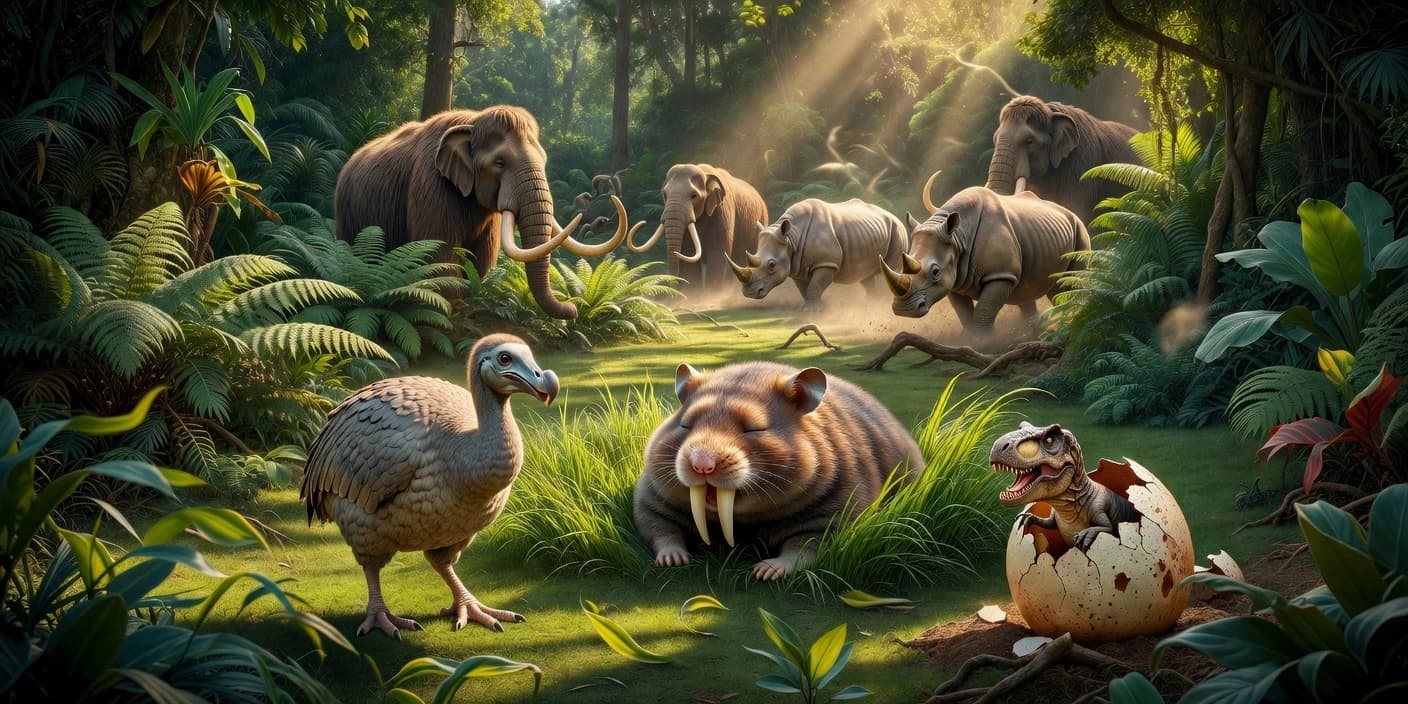 Полянка в джунглях. Птица додо переступает лапами и поворачивает голову, крупный саблезубый хомяк размером с большую собаку рядом спокойно лежит в траве. Из яйца вылупляется маленький тиранозавр. На заднем плане в просвете между папоротниками пасутся мамонты и носороги. Листва и трава колышатся от легкого ветерка. Звуки джунглей: животных и птиц
Стиль кинореализм. Горизонтальный формат кадра 9:16 1920x1080